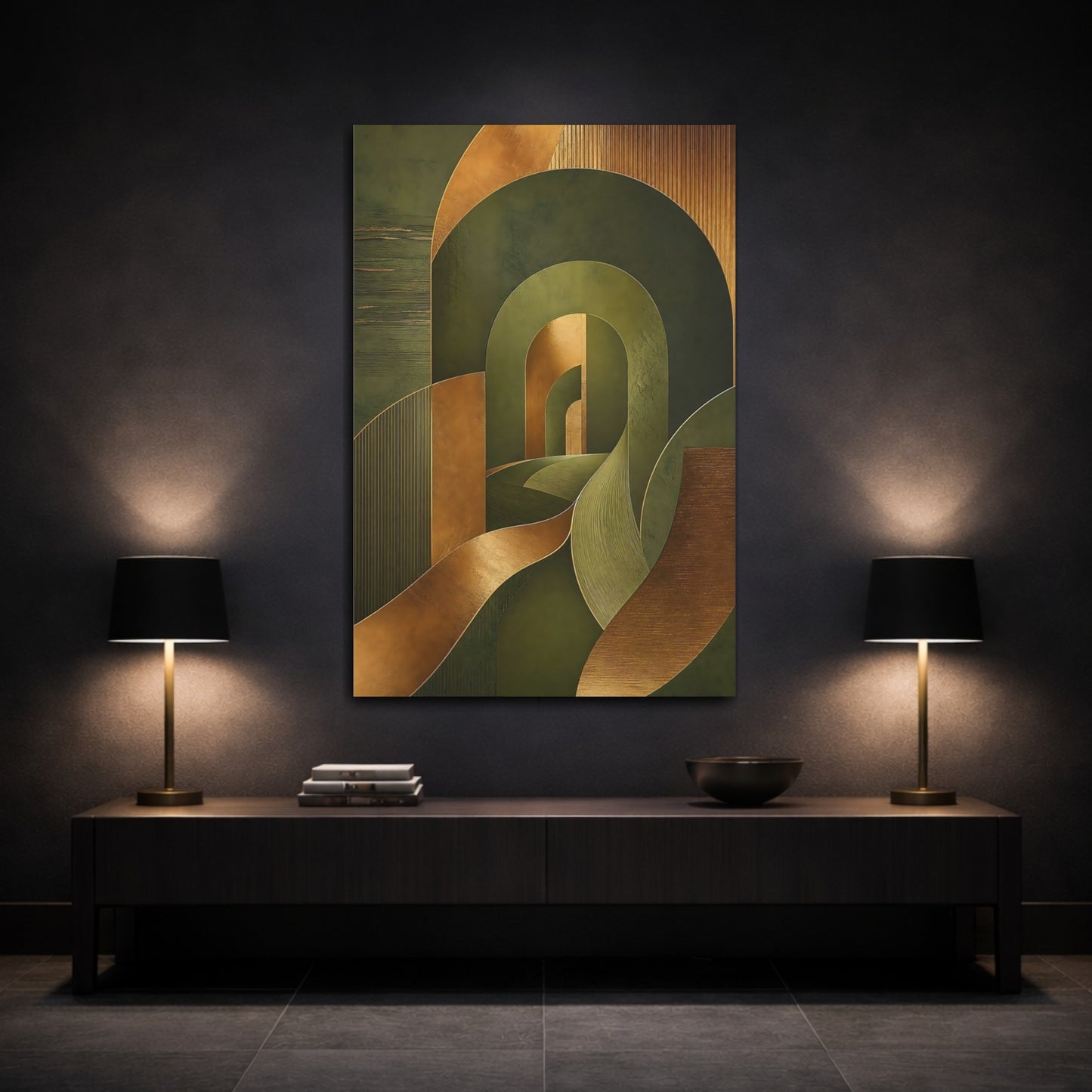 Mockup 3. Abstract Abstract Geometry Green And Gold shown as stretched canvas wall art