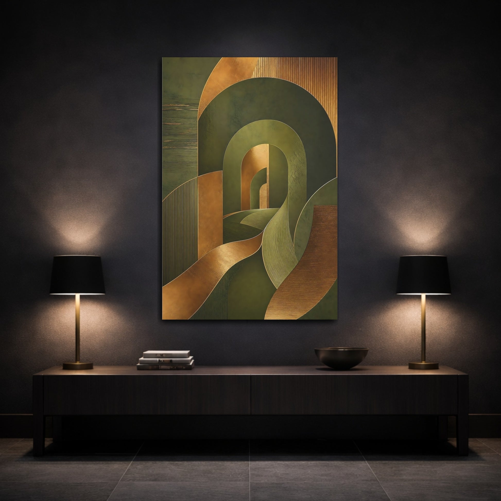 Mockup 3. Abstract Abstract Geometry Green And Gold shown as stretched canvas wall art