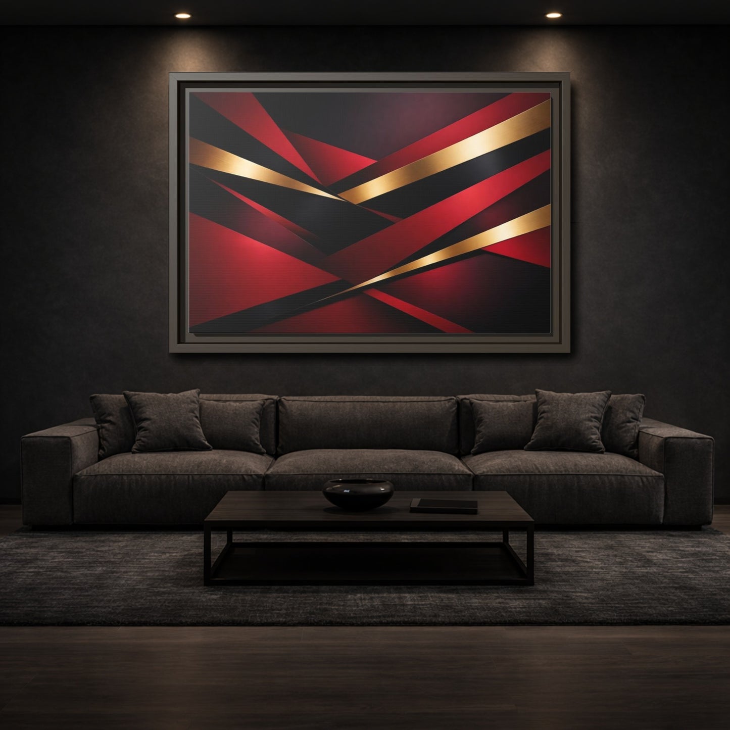 Mockup 2. Abstract Abstract Geometry Red Black Gold shown as stretched canvas wall art