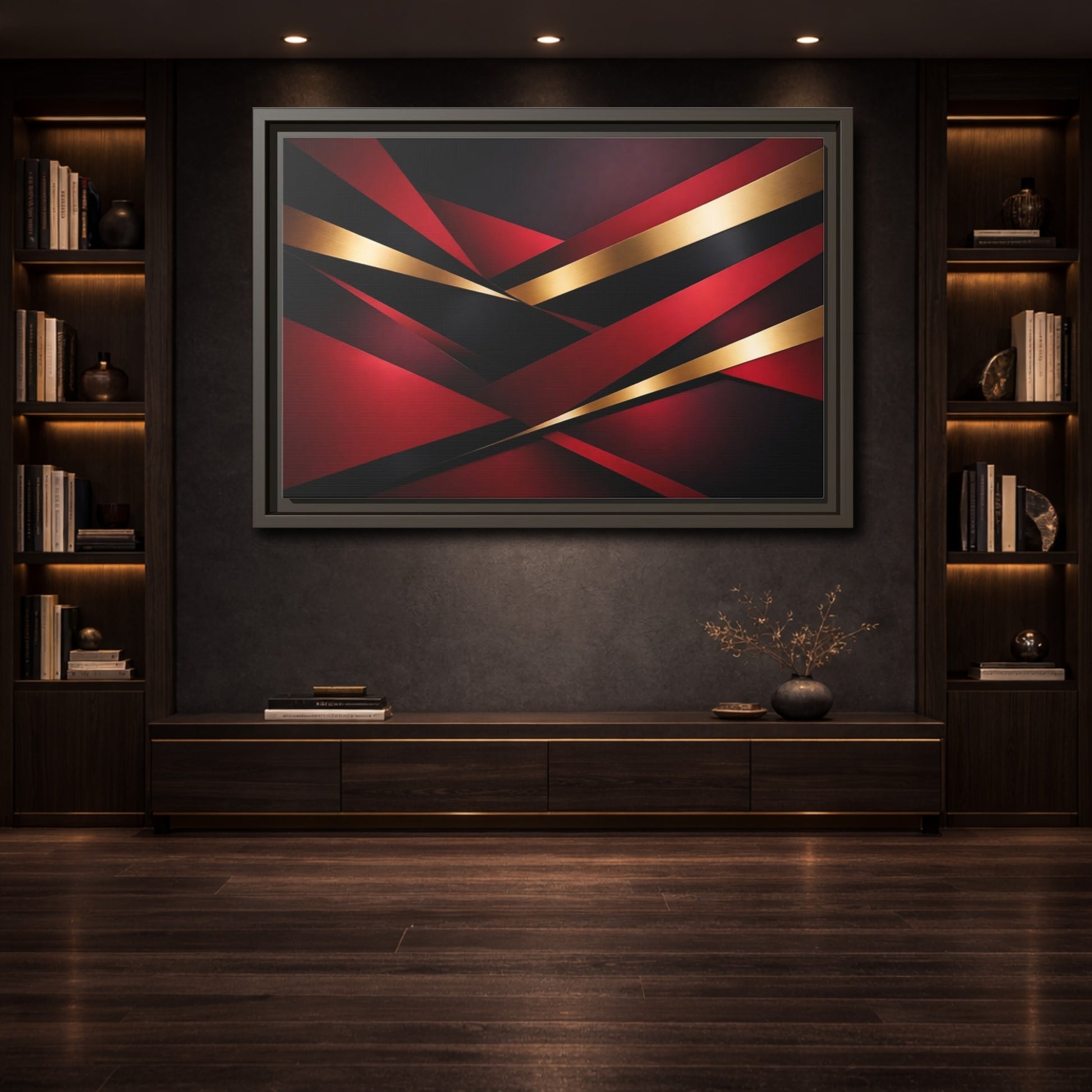Mockup 3. Abstract Abstract Geometry Red Black Gold shown as stretched canvas wall art