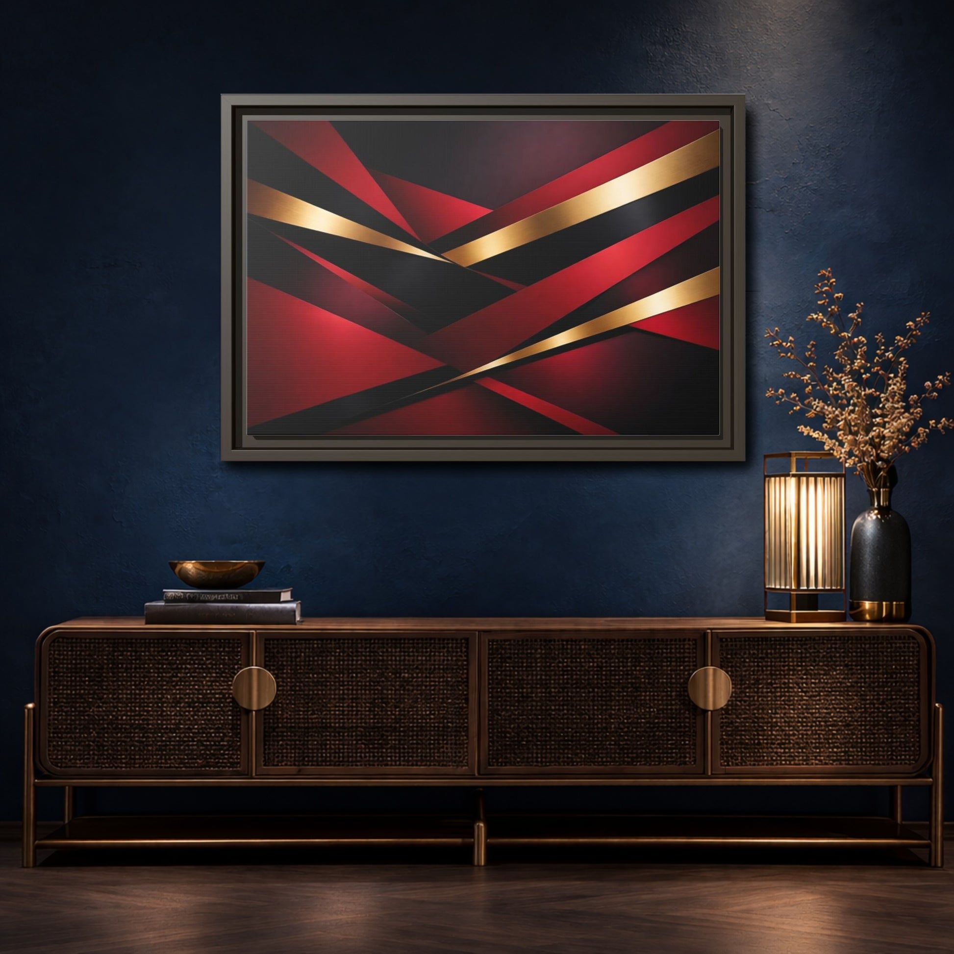 Mockup 4. Abstract Abstract Geometry Red Black Gold shown as stretched canvas wall art
