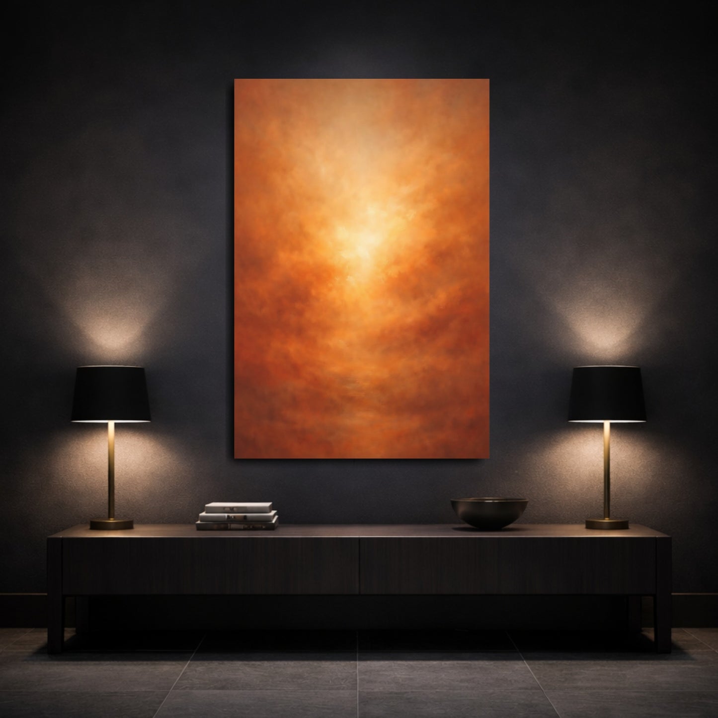 Mockup 2. Abstract Abstract Glow Orange Brown Gradient shown as stretched canvas wall art