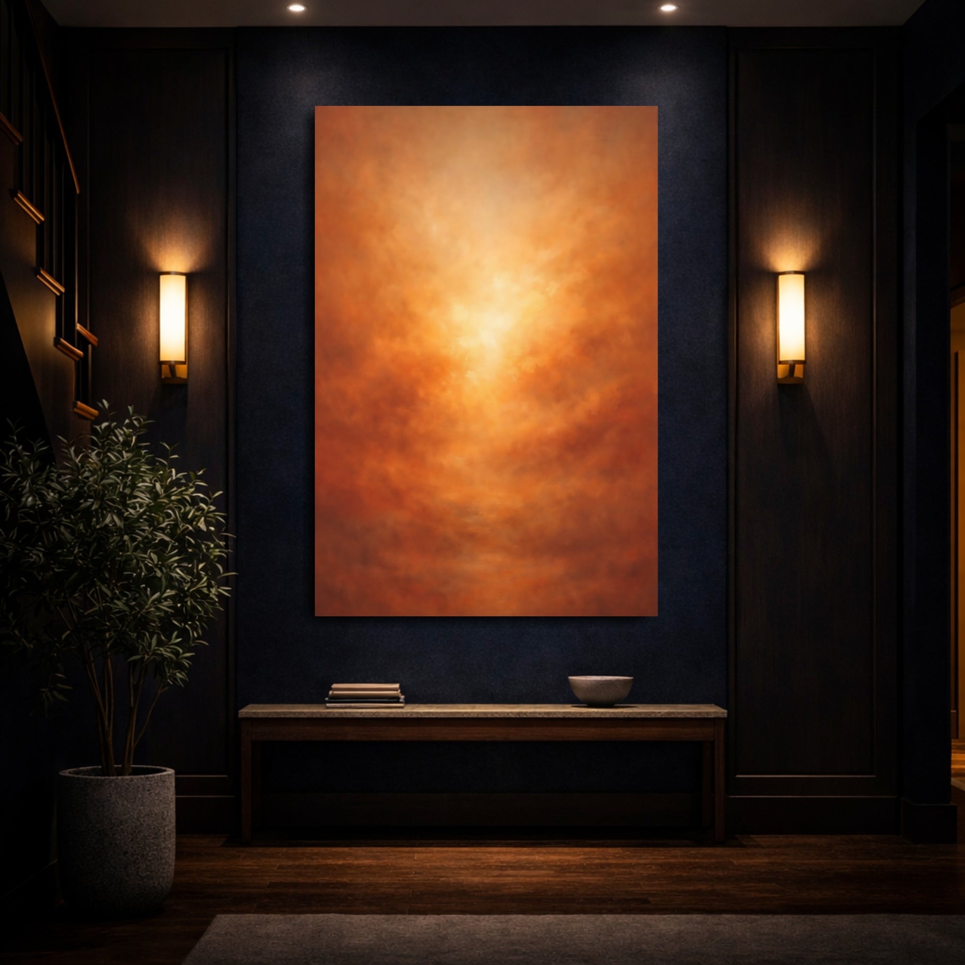 Mockup 3. Abstract Abstract Glow Orange Brown Gradient shown as stretched canvas wall art