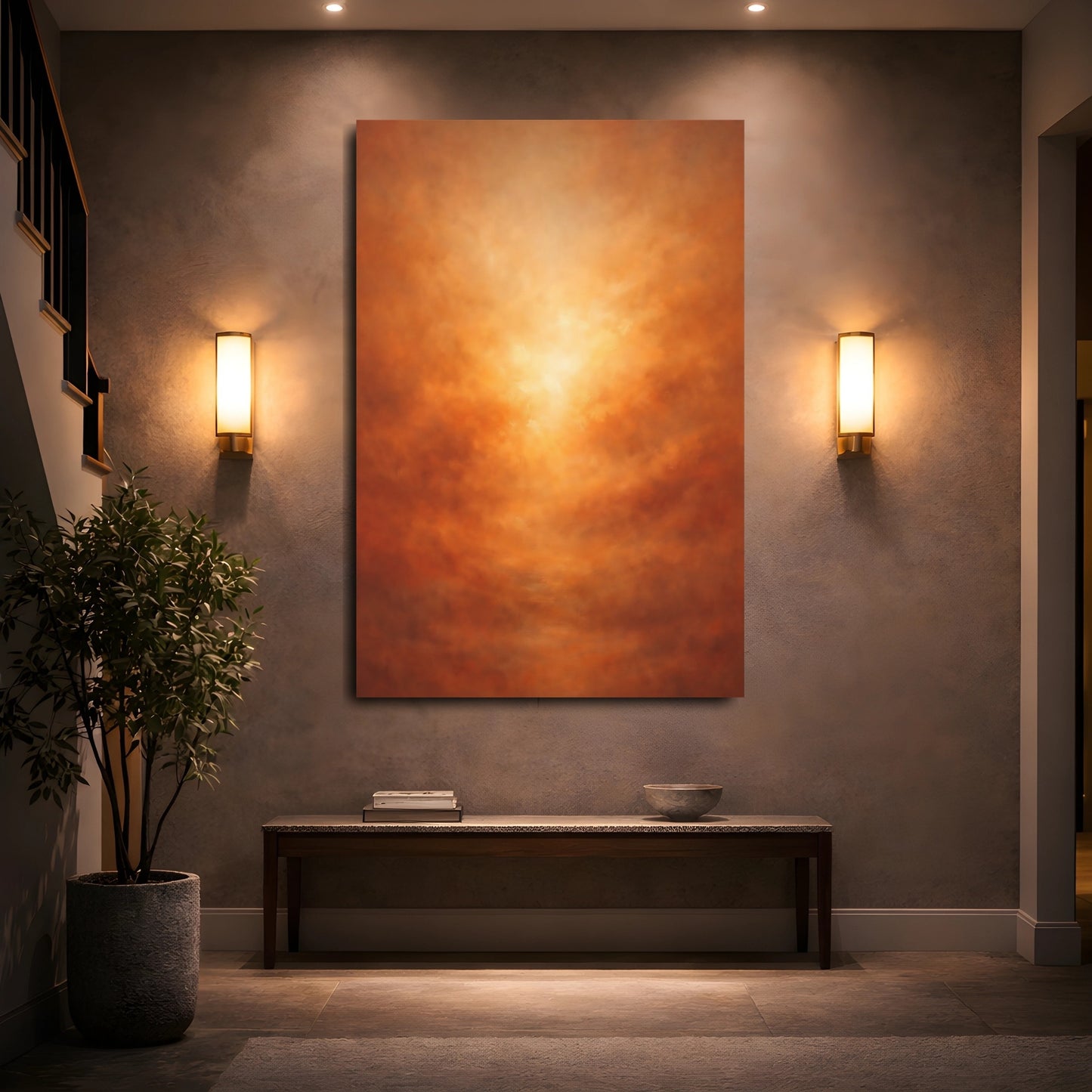 Mockup 4. Abstract Abstract Glow Orange Brown Gradient shown as stretched canvas wall art