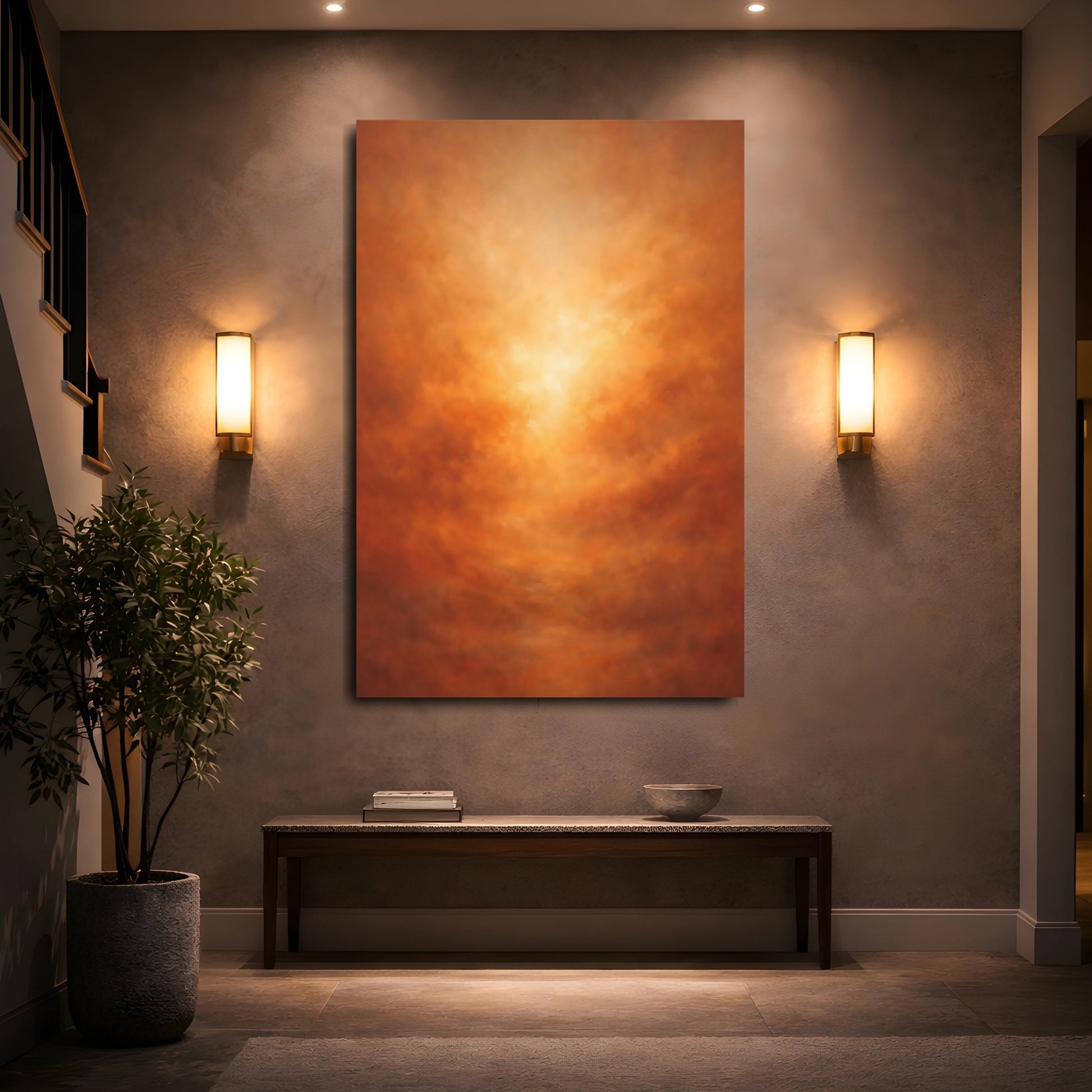Mockup 4. Abstract Abstract Glow Orange Brown Gradient shown as stretched canvas wall art