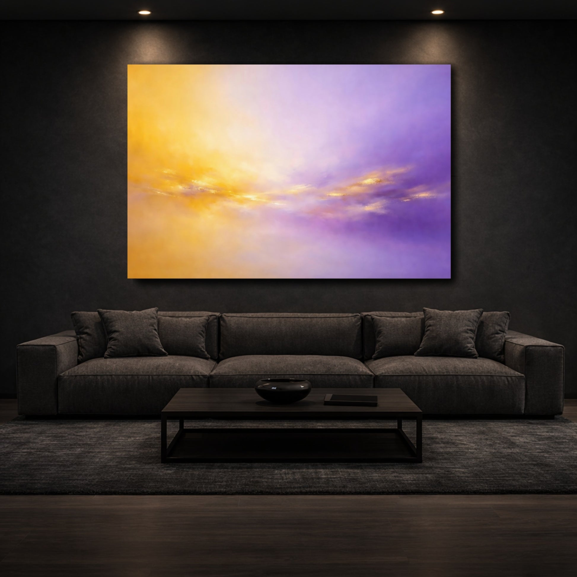 Mockup 2. Abstract Abstract Glow Purple And Gold shown as stretched canvas wall art