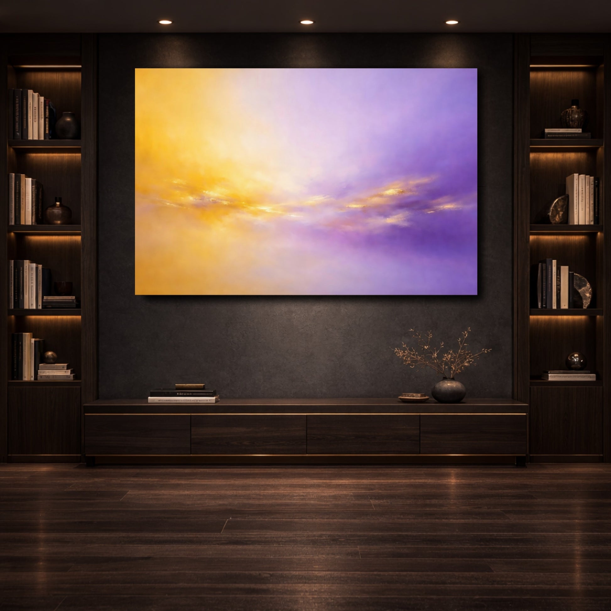 Mockup 3. Abstract Abstract Glow Purple And Gold shown as stretched canvas wall art