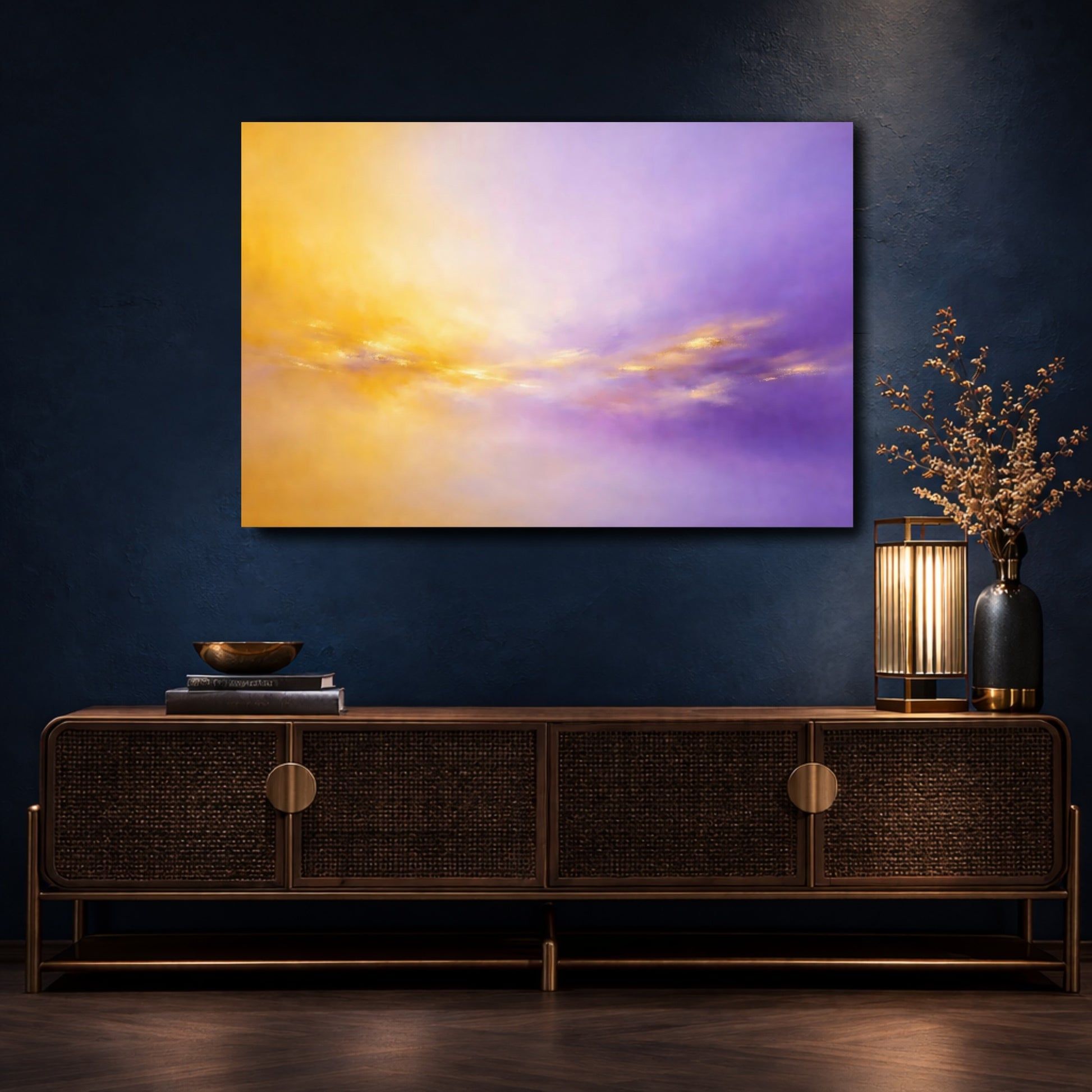 Mockup 4. Abstract Abstract Glow Purple And Gold shown as stretched canvas wall art