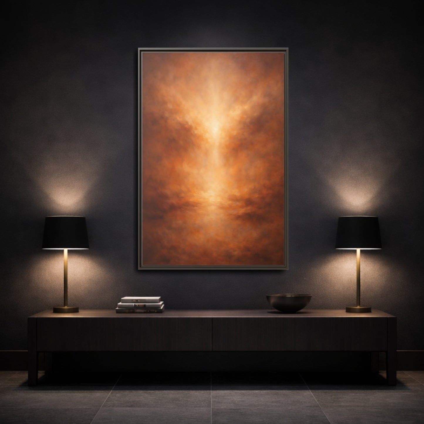 Mockup 2. Abstract Abstract Glow Warm Copper Tones shown as stretched canvas wall art