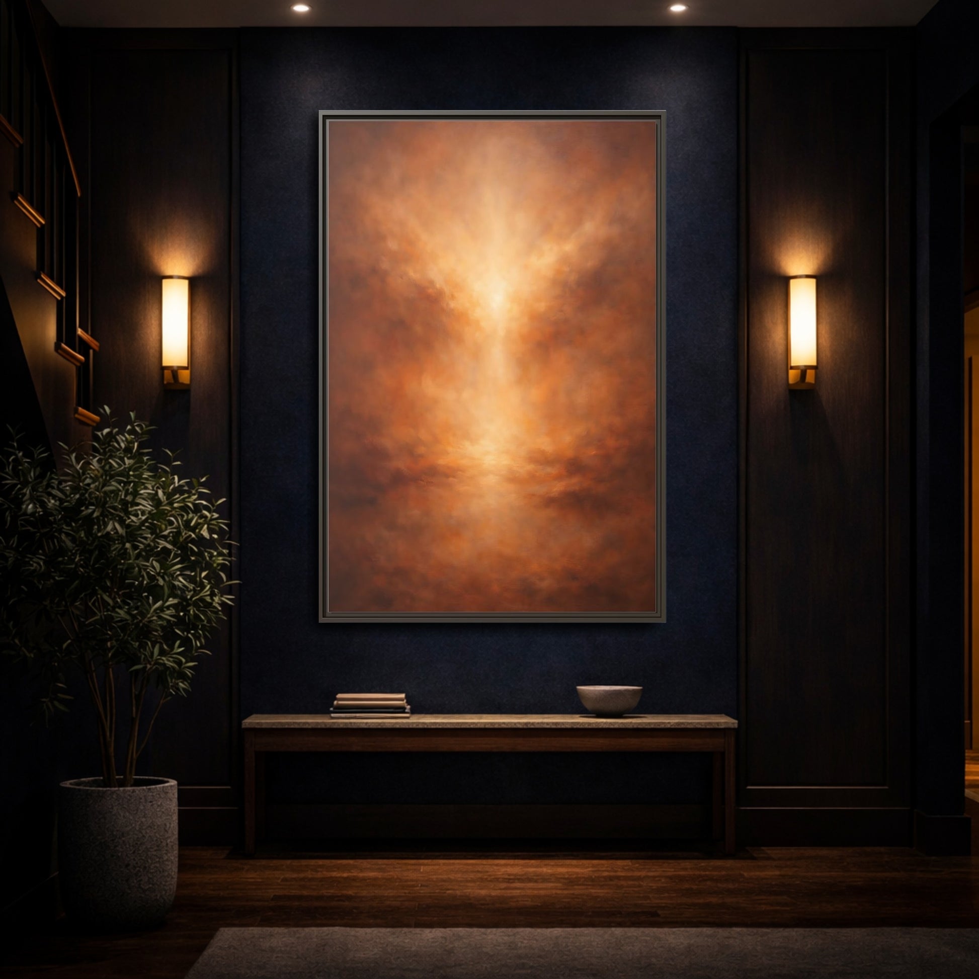 Mockup 3. Abstract Abstract Glow Warm Copper Tones shown as stretched canvas wall art