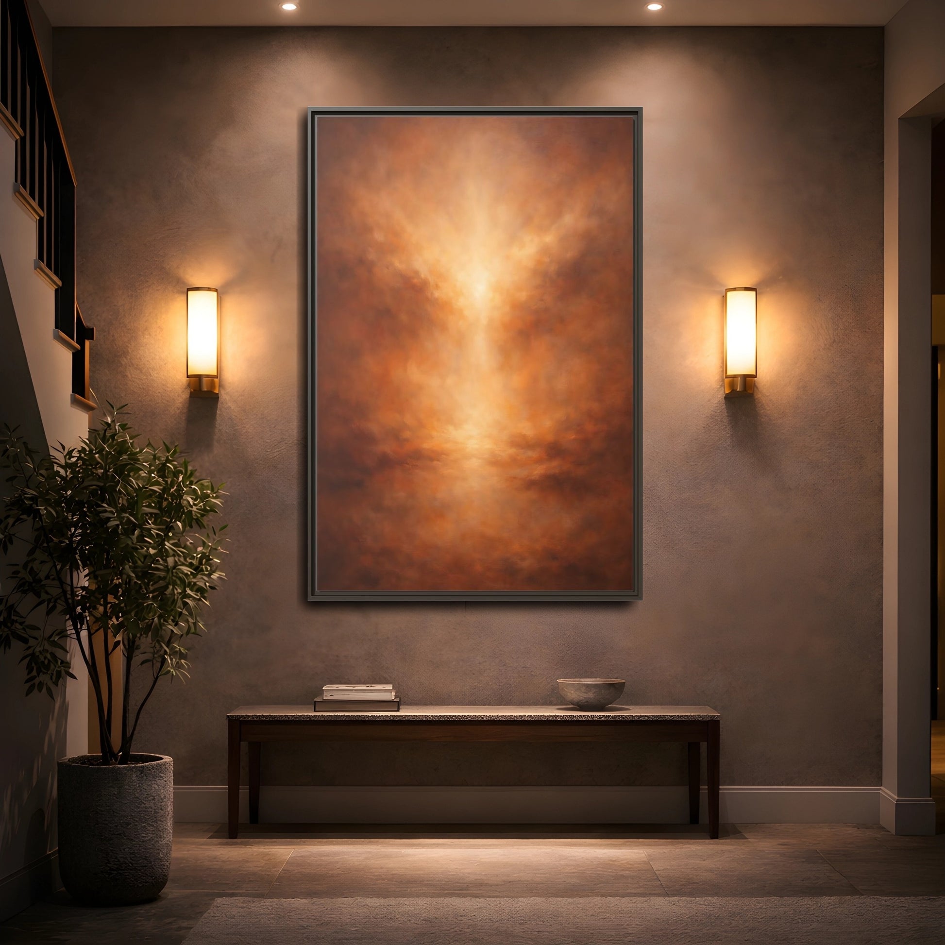 Mockup 4. Abstract Abstract Glow Warm Copper Tones shown as stretched canvas wall art