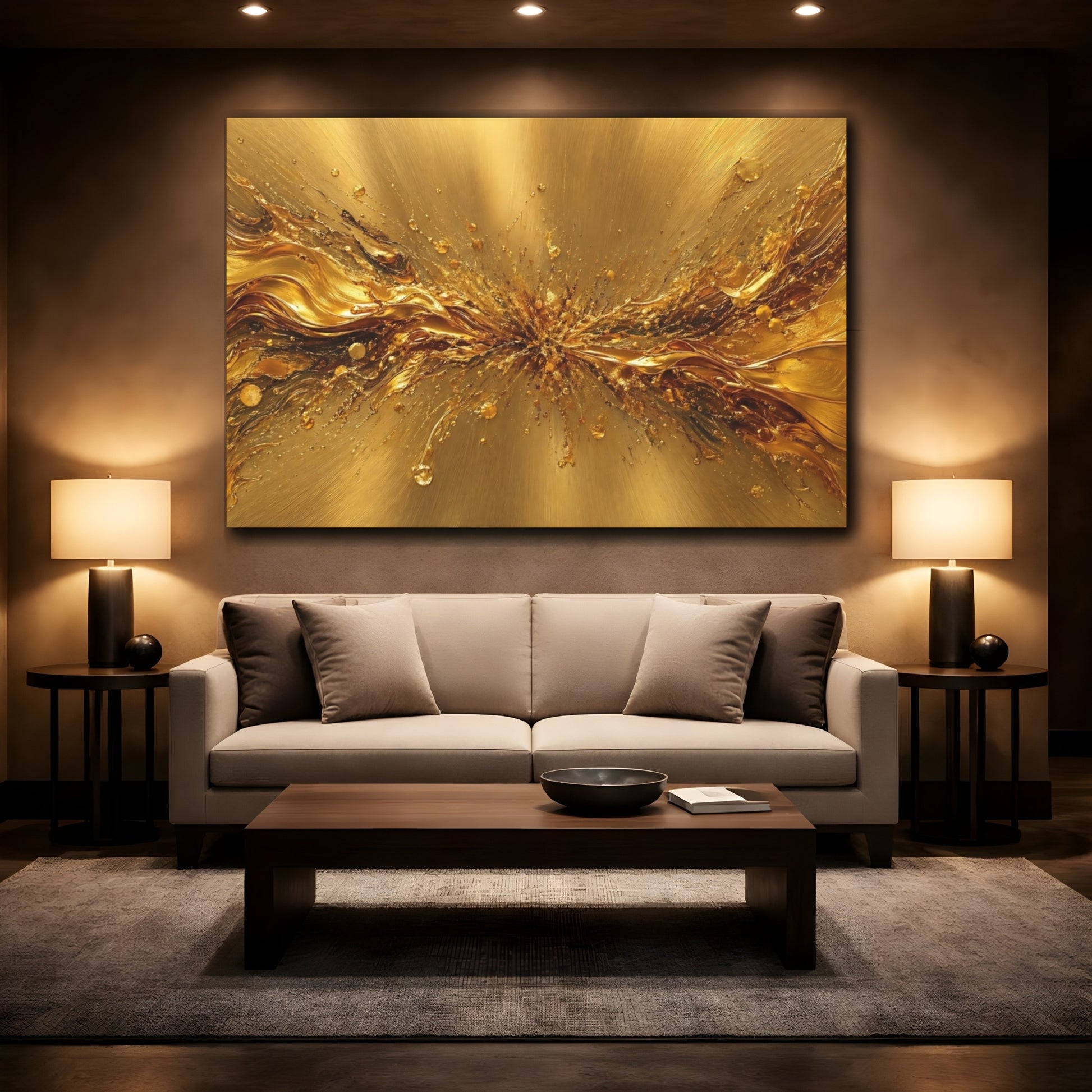 Mockup 2. Abstract Abstract Gold Golden Metallic shown as stretched canvas wall art