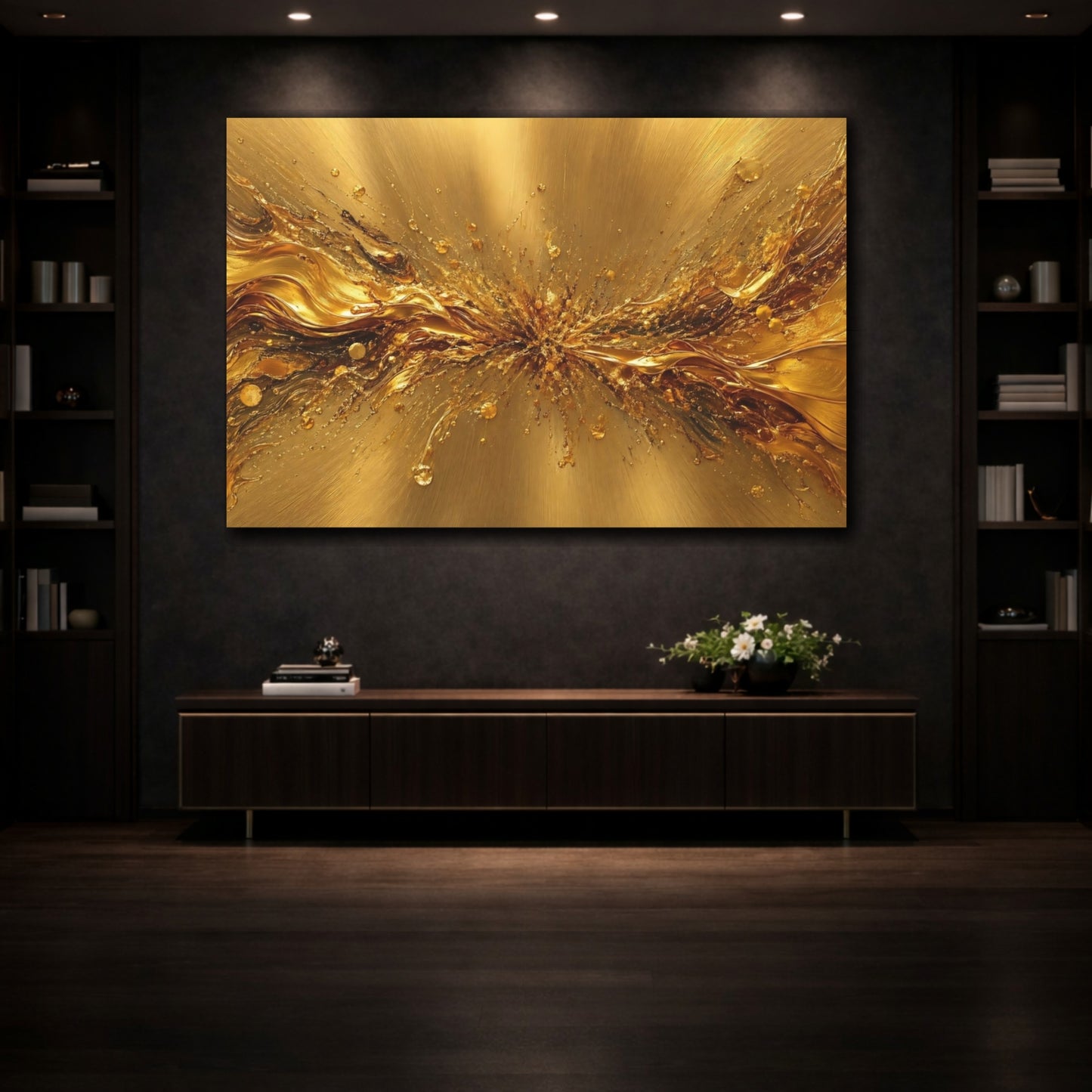Mockup 3. Abstract Abstract Gold Golden Metallic shown as stretched canvas wall art