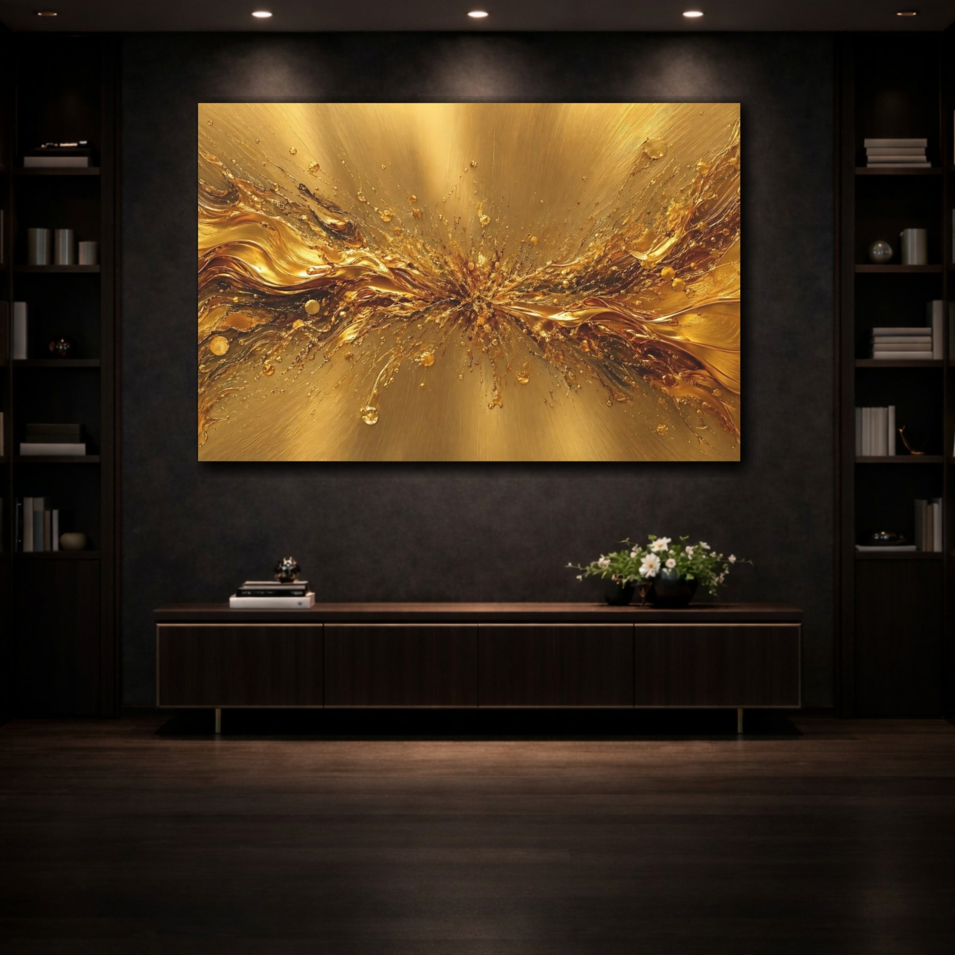 Mockup 3. Abstract Abstract Gold Golden Metallic shown as stretched canvas wall art