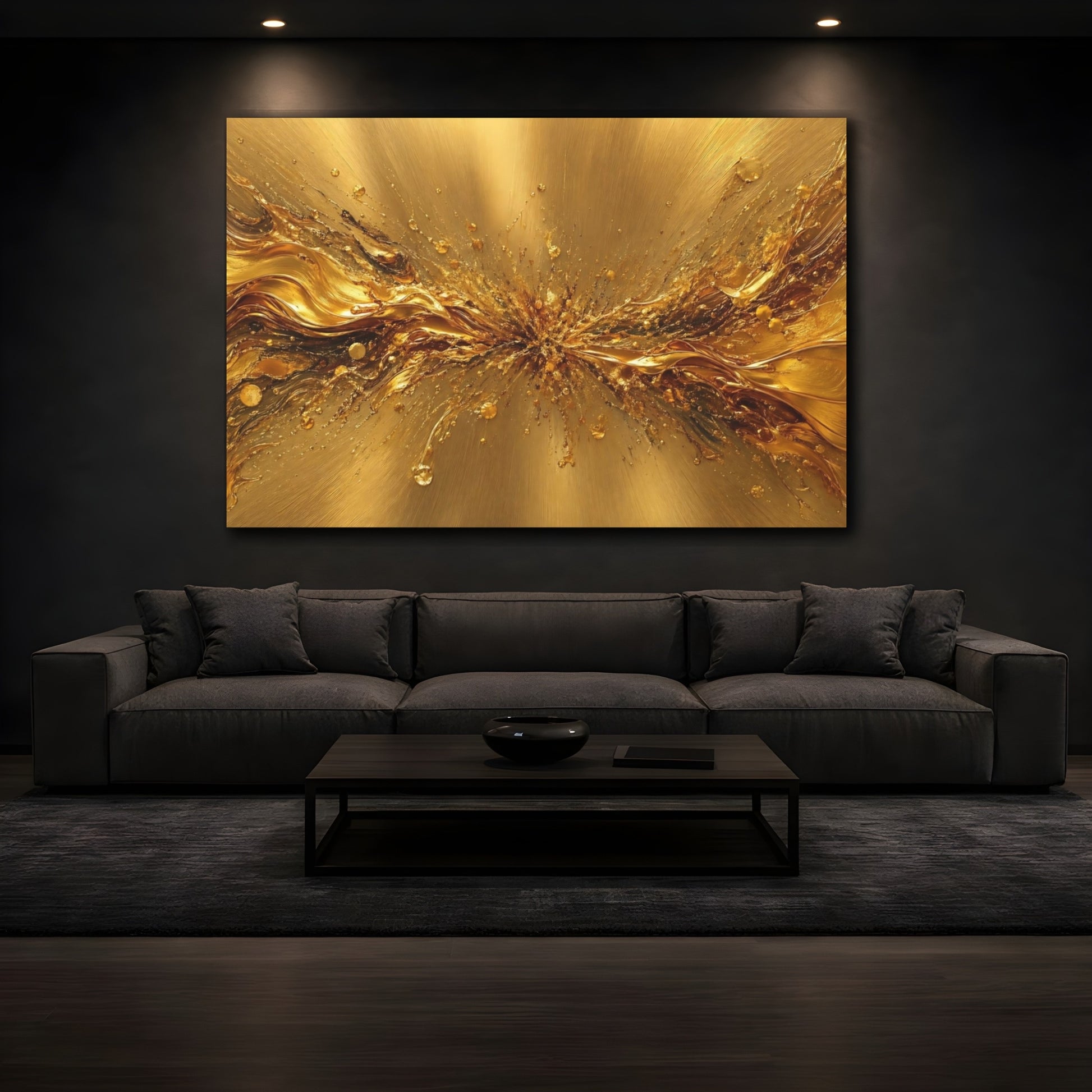Mockup 4. Abstract Abstract Gold Golden Metallic shown as stretched canvas wall art