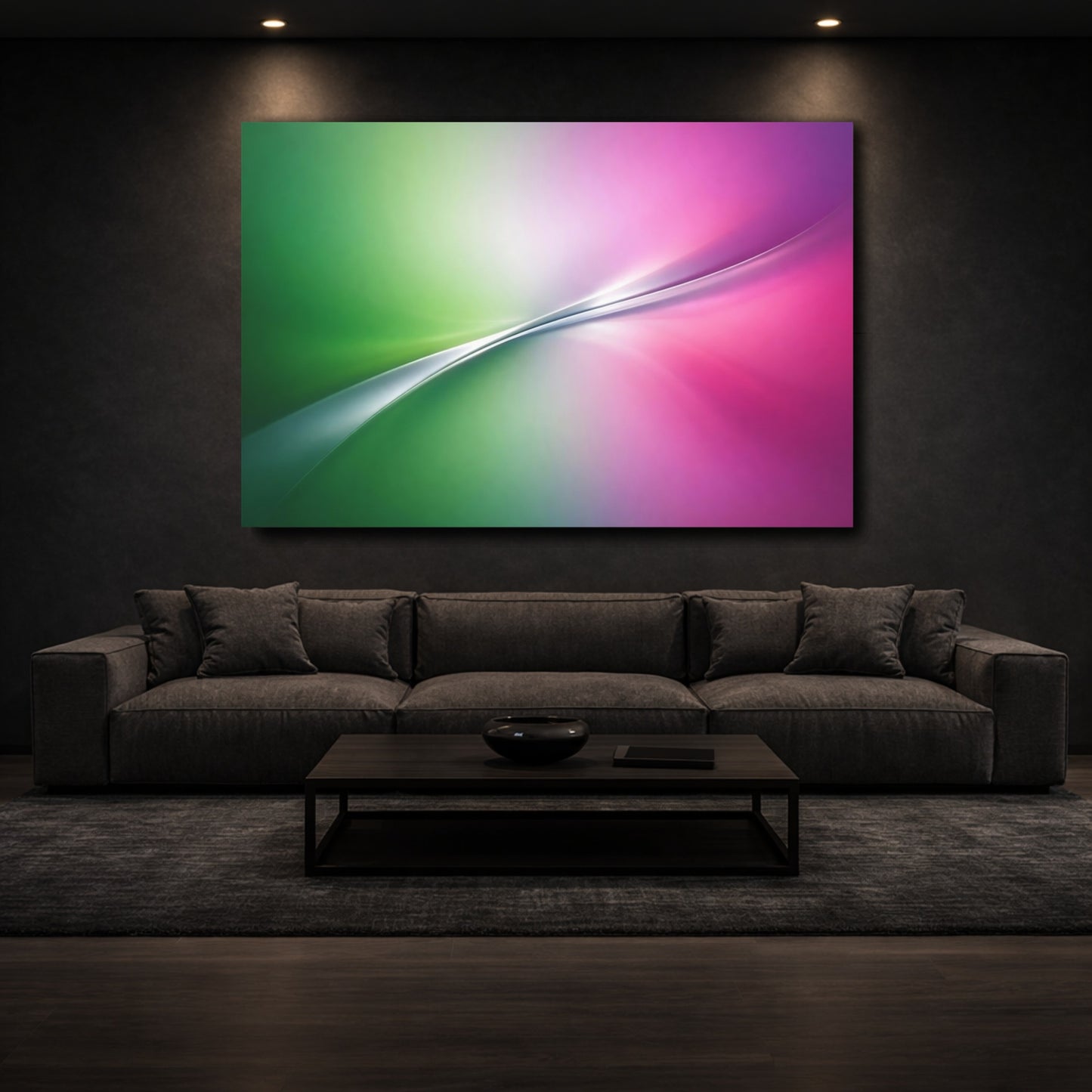 Mockup 2. Abstract Abstract Gradient Green Pink Gradient shown as stretched canvas wall art