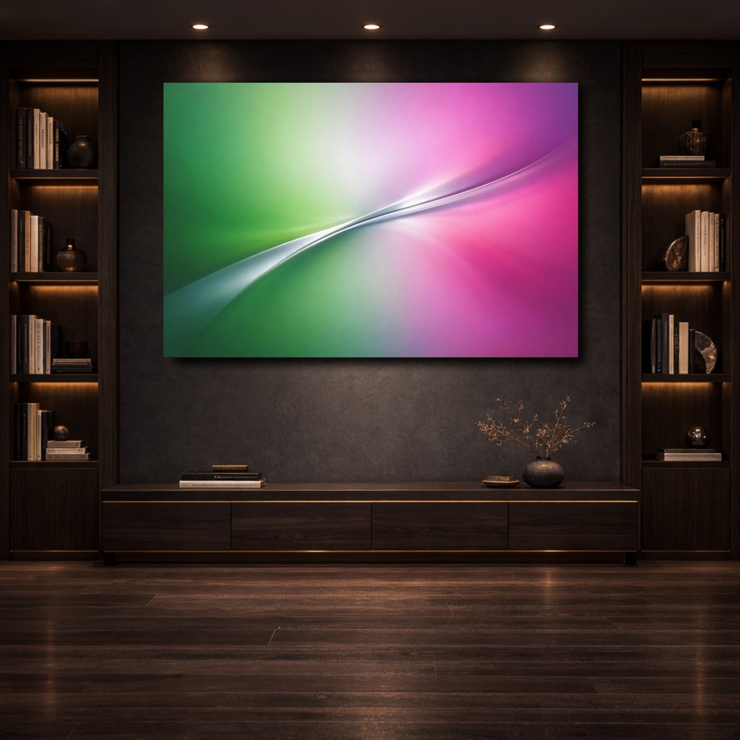 Mockup 3. Abstract Abstract Gradient Green Pink Gradient shown as stretched canvas wall art