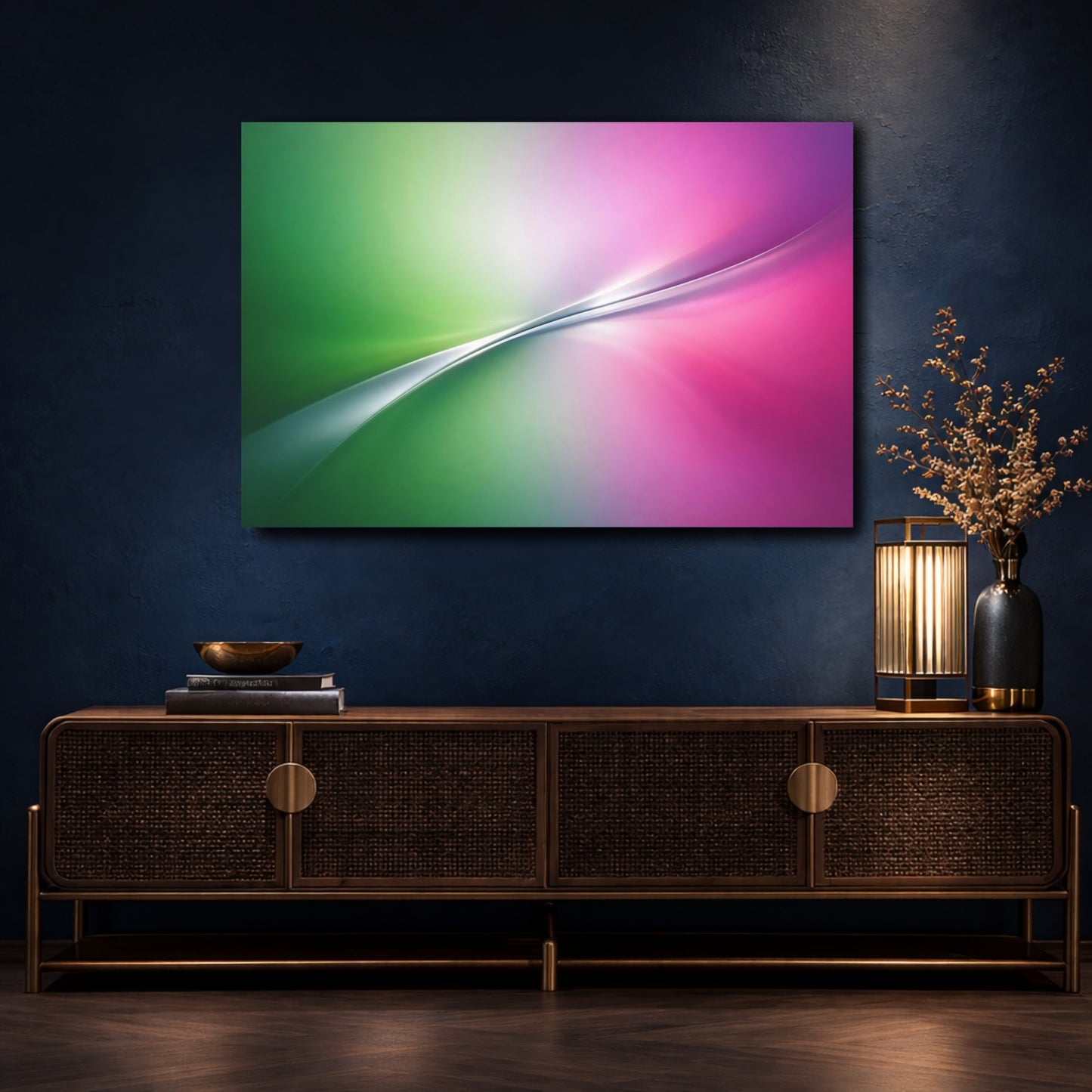 Mockup 4. Abstract Abstract Gradient Green Pink Gradient shown as stretched canvas wall art