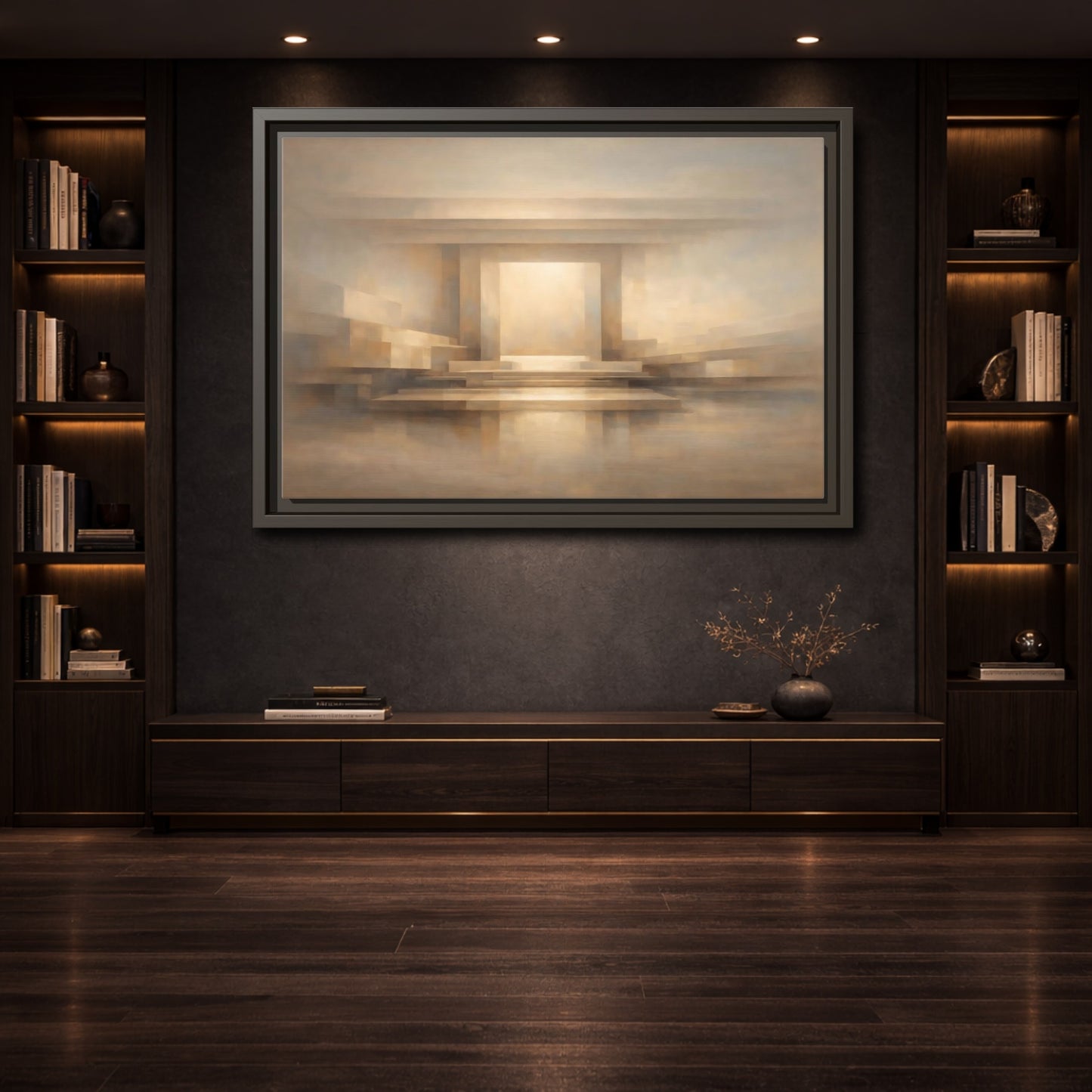 Mockup 3. Abstract Abstract Hall Neutral Geometric shown as stretched canvas wall art
