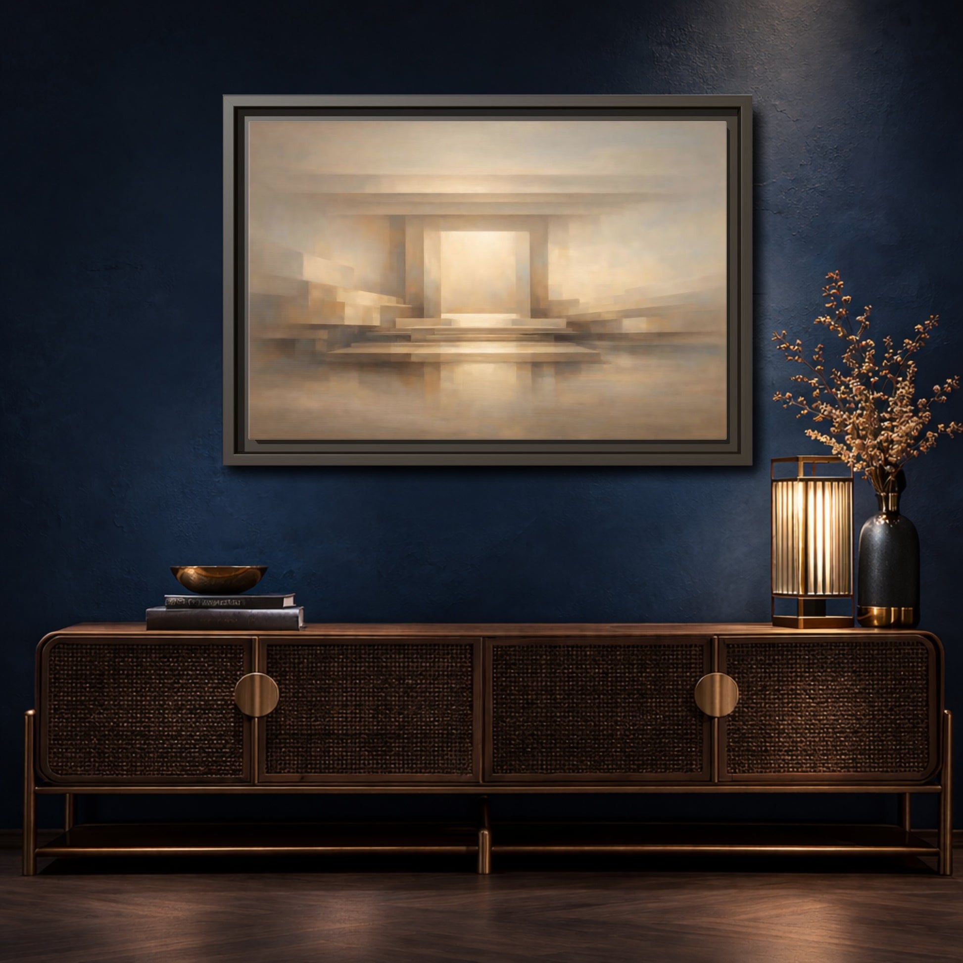 Mockup 4. Abstract Abstract Hall Neutral Geometric shown as stretched canvas wall art