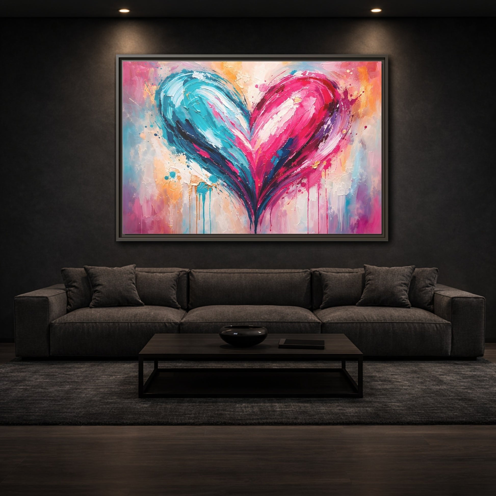 Mockup 2. Abstract Abstract Heart Pink And Blue shown as stretched canvas wall art