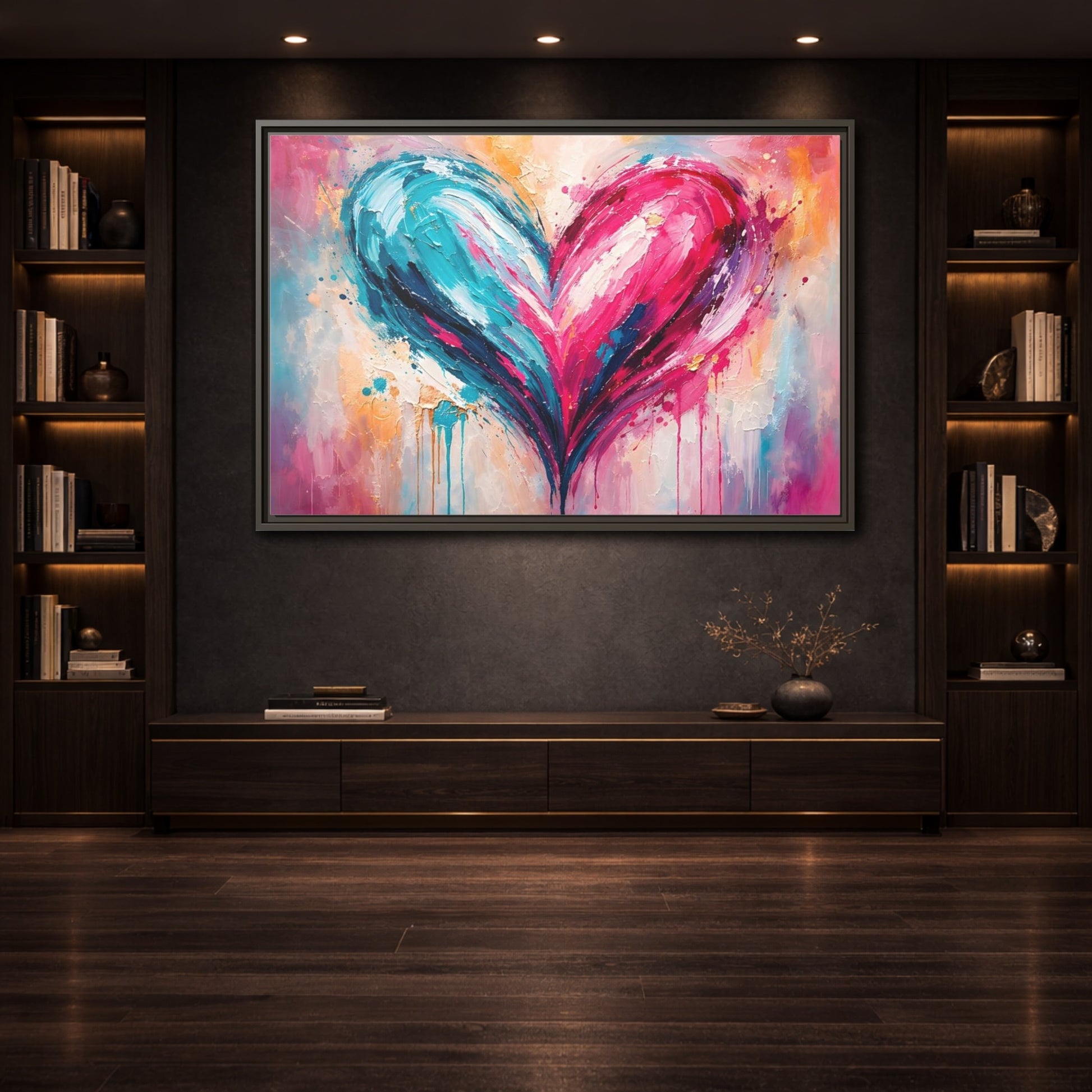 Mockup 3. Abstract Abstract Heart Pink And Blue shown as stretched canvas wall art