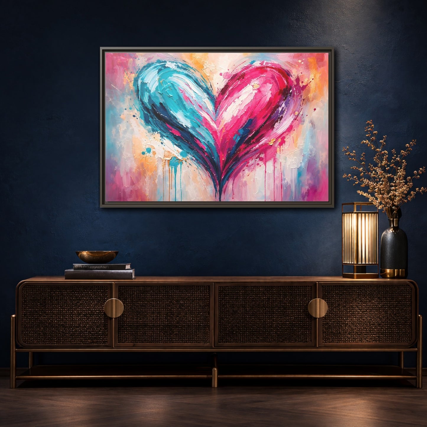 Mockup 4. Abstract Abstract Heart Pink And Blue shown as stretched canvas wall art