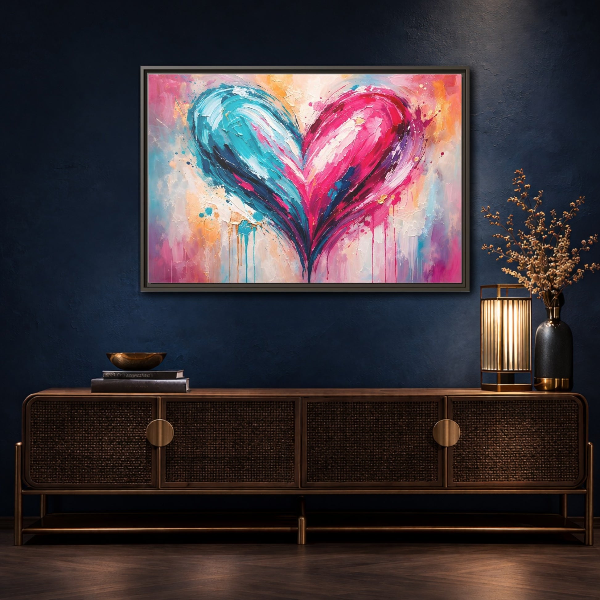 Mockup 4. Abstract Abstract Heart Pink And Blue shown as stretched canvas wall art