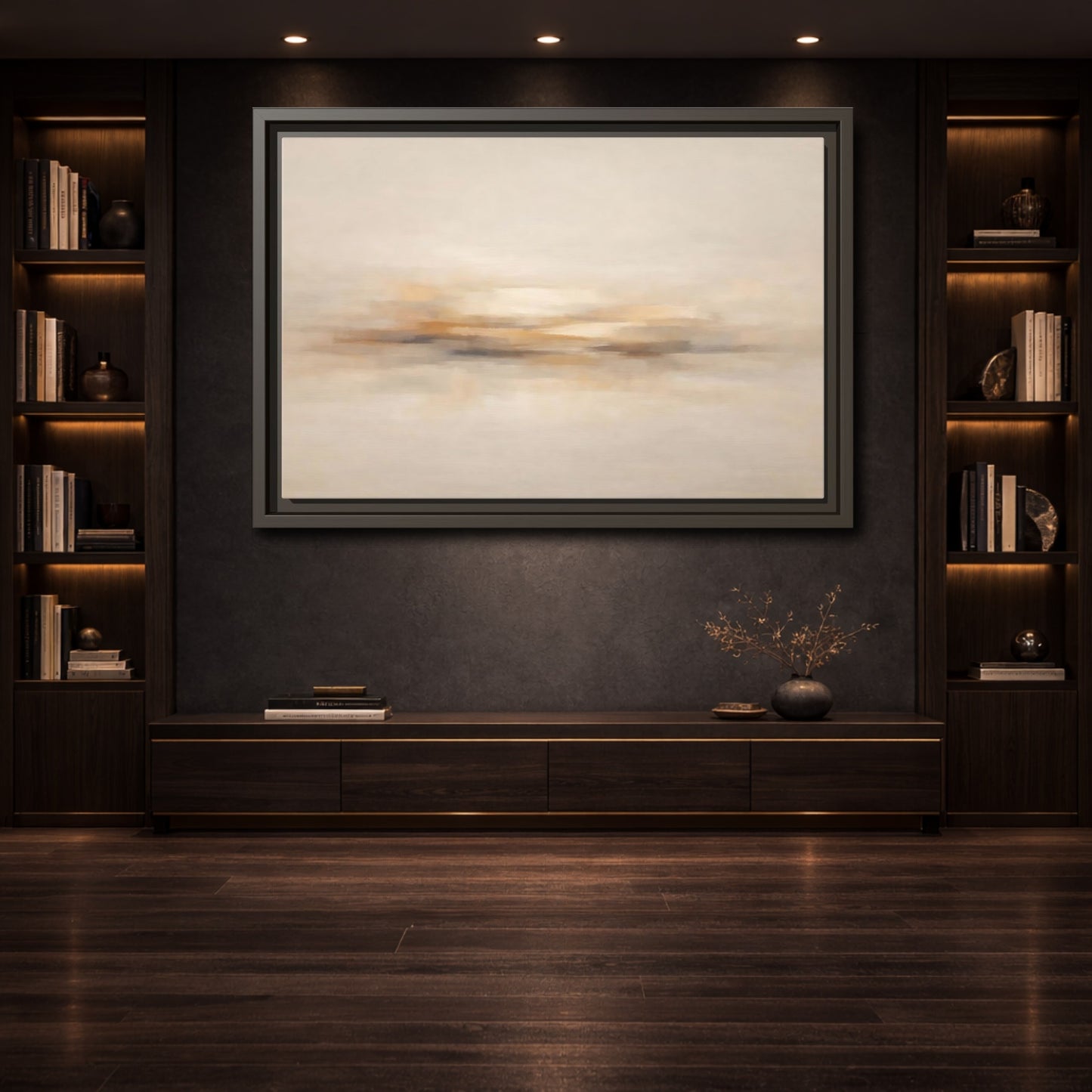 Mockup 3. Abstract Abstract Horizon Beige Abstract shown as stretched canvas wall art
