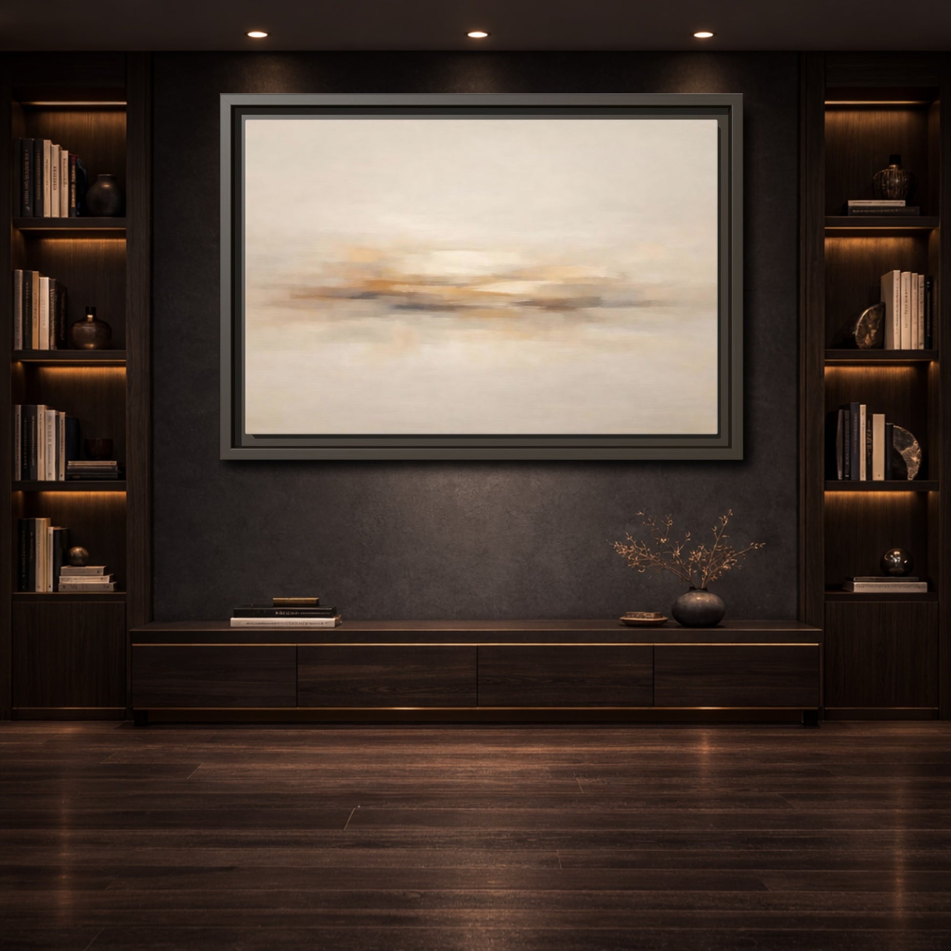 Mockup 3. Abstract Abstract Horizon Beige Abstract shown as stretched canvas wall art