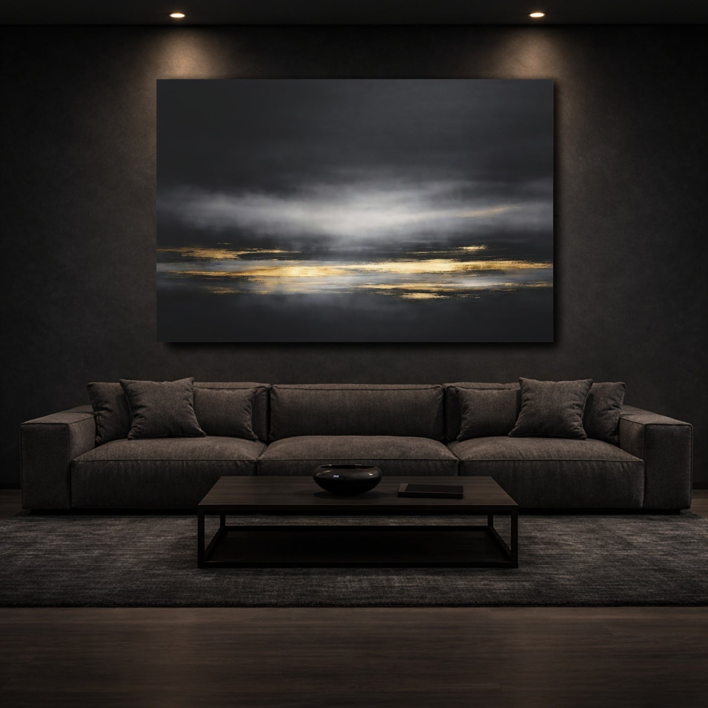 Mockup 2. Abstract Abstract Horizon Black Gold Abstract shown as stretched canvas wall art