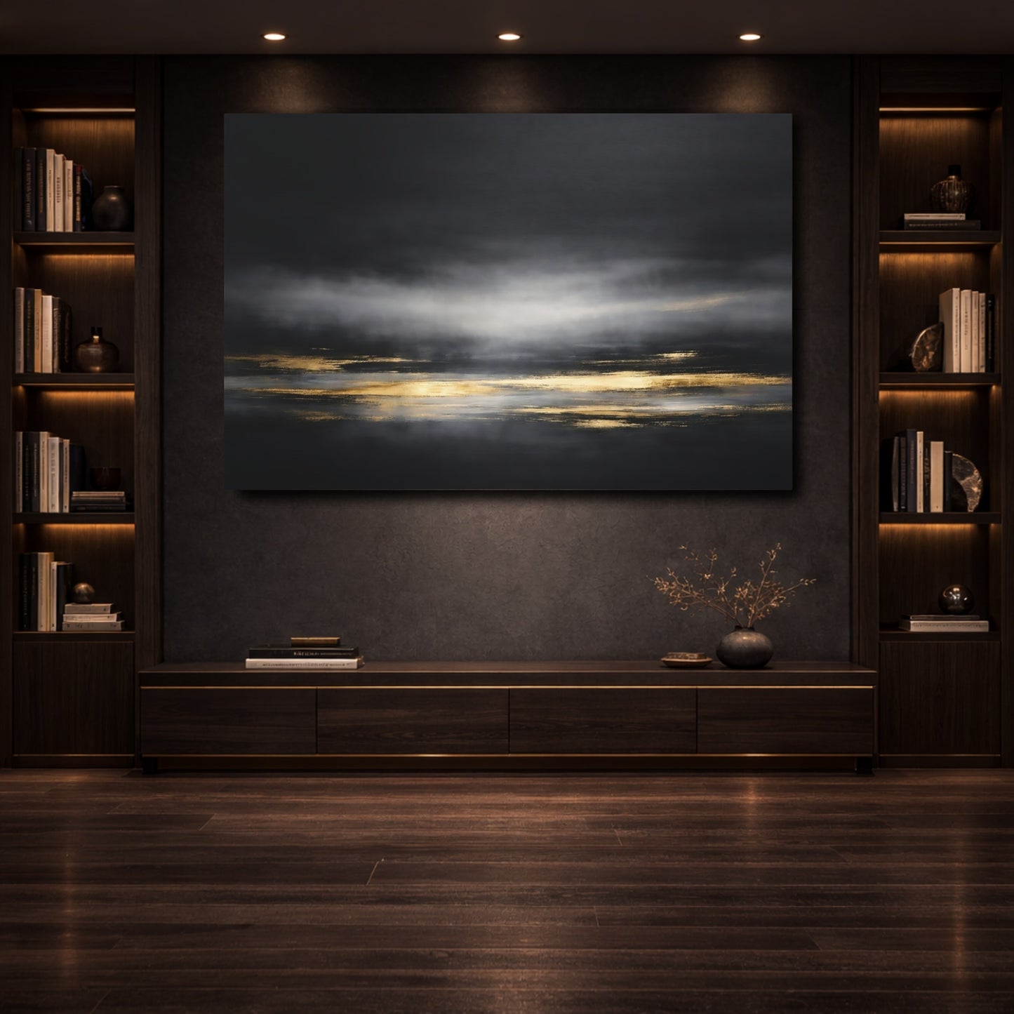 Mockup 3. Abstract Abstract Horizon Black Gold Abstract shown as stretched canvas wall art