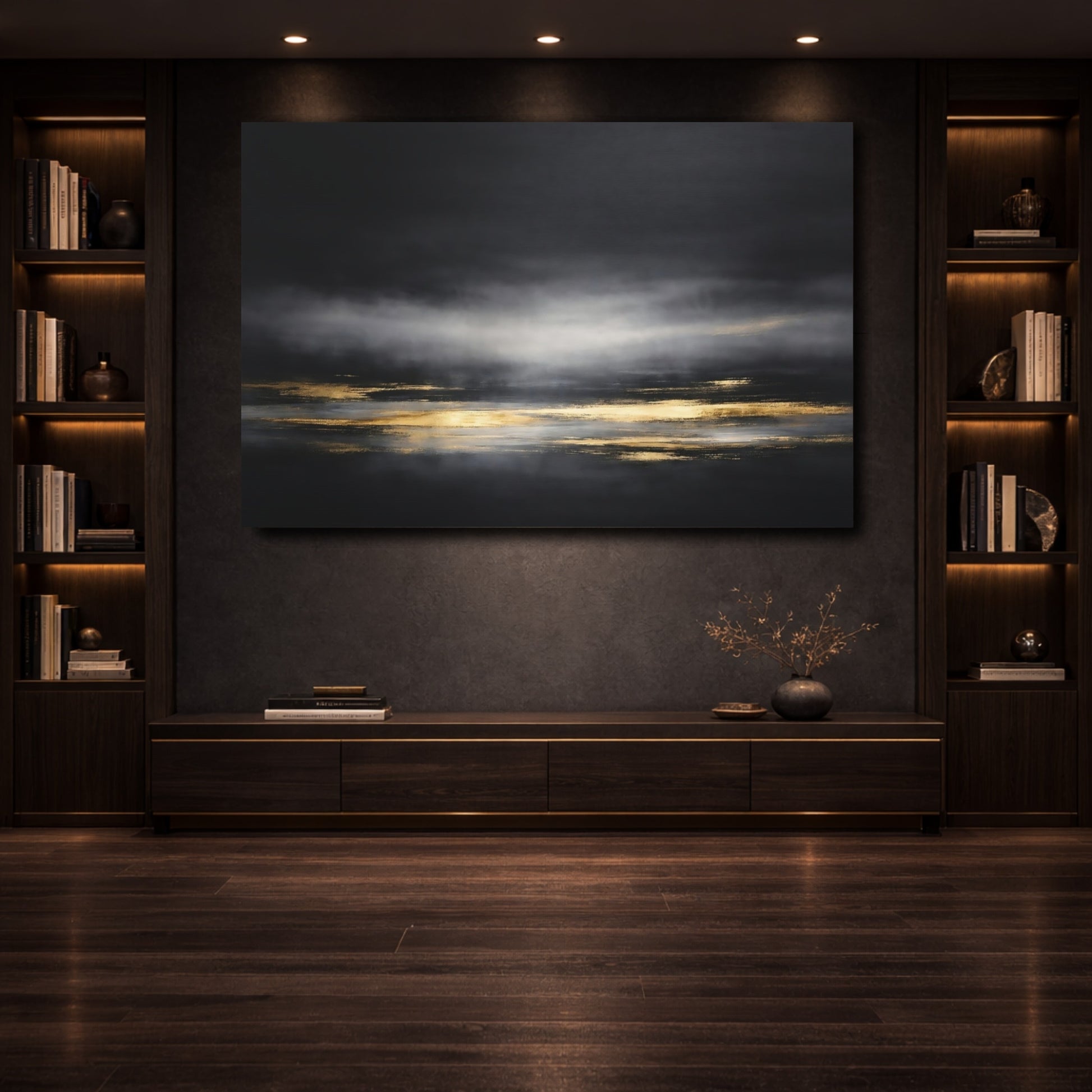 Mockup 3. Abstract Abstract Horizon Black Gold Abstract shown as stretched canvas wall art