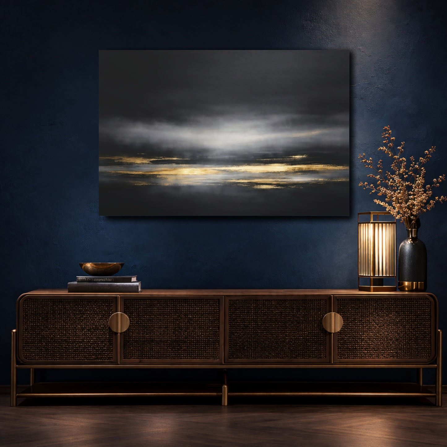 Mockup 4. Abstract Abstract Horizon Black Gold Abstract shown as stretched canvas wall art