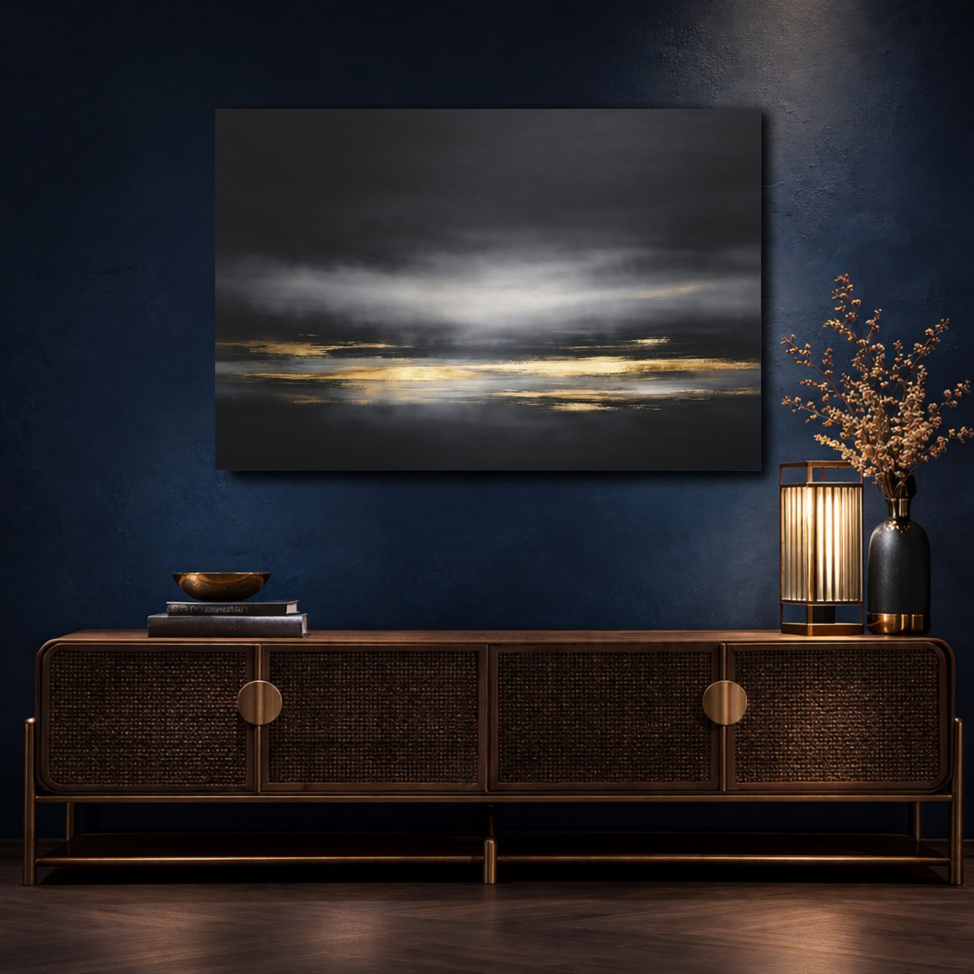 Mockup 4. Abstract Abstract Horizon Black Gold Abstract shown as stretched canvas wall art