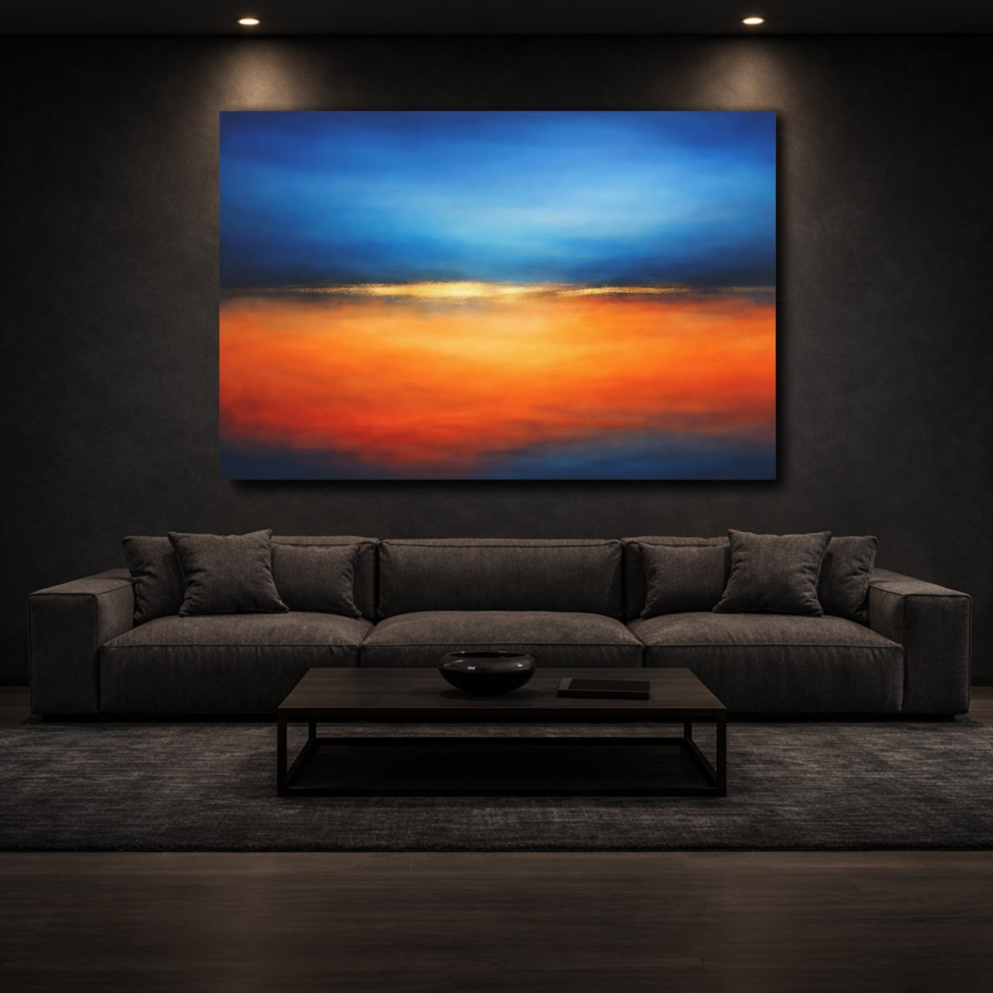 Mockup 2. Abstract Abstract Horizon Blue And Orange shown as stretched canvas wall art