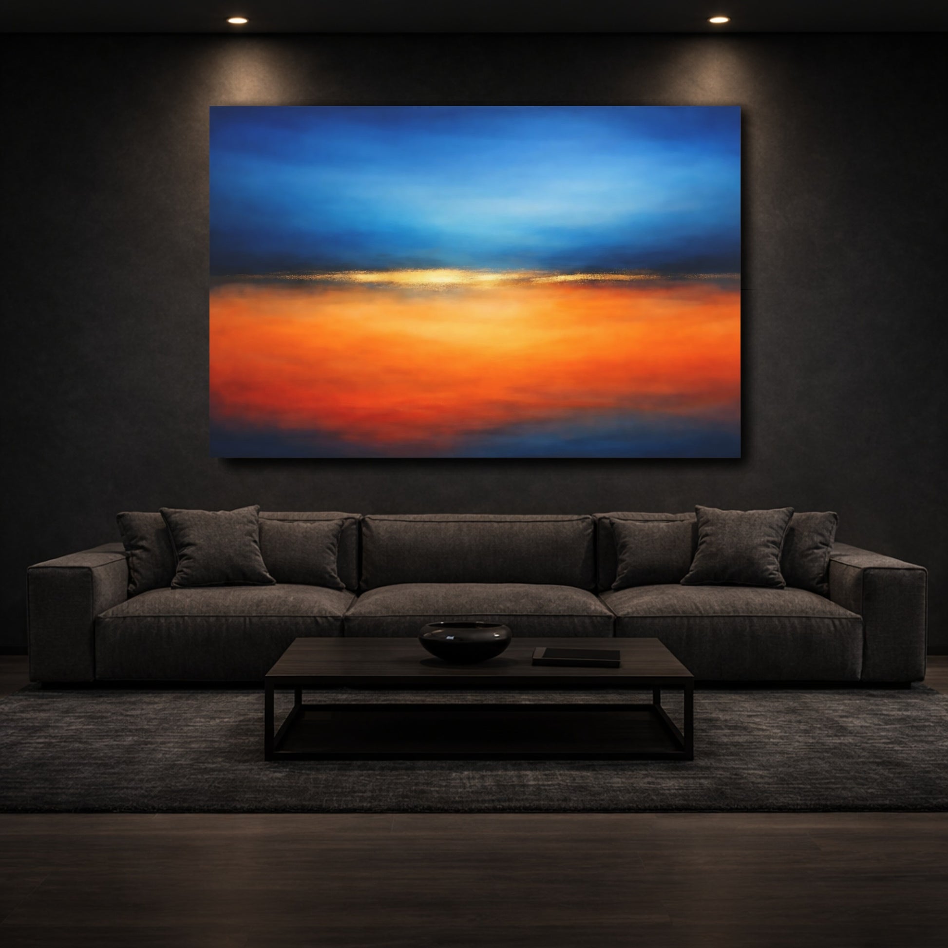 Mockup 2. Abstract Abstract Horizon Blue And Orange shown as stretched canvas wall art
