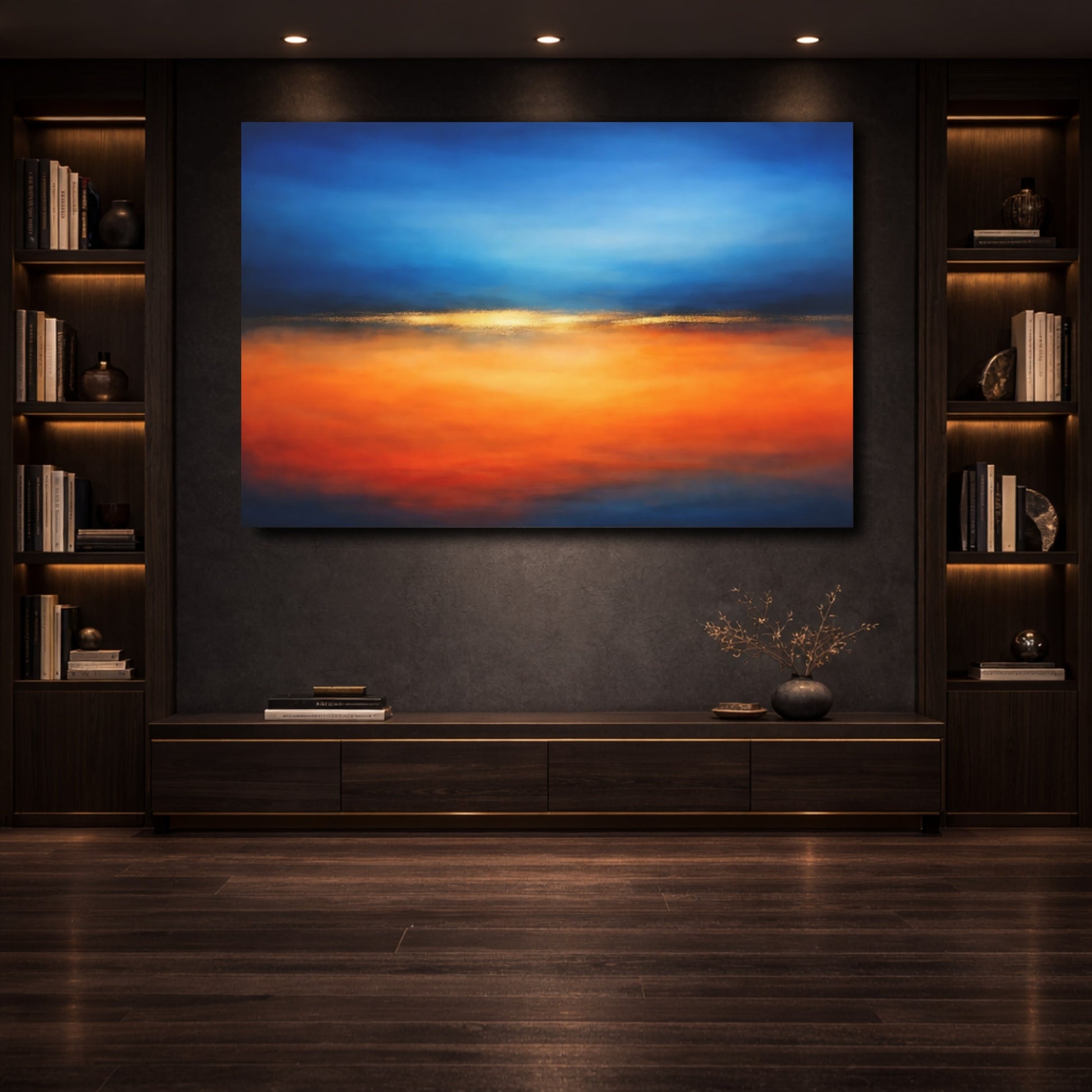 Mockup 3. Abstract Abstract Horizon Blue And Orange shown as stretched canvas wall art