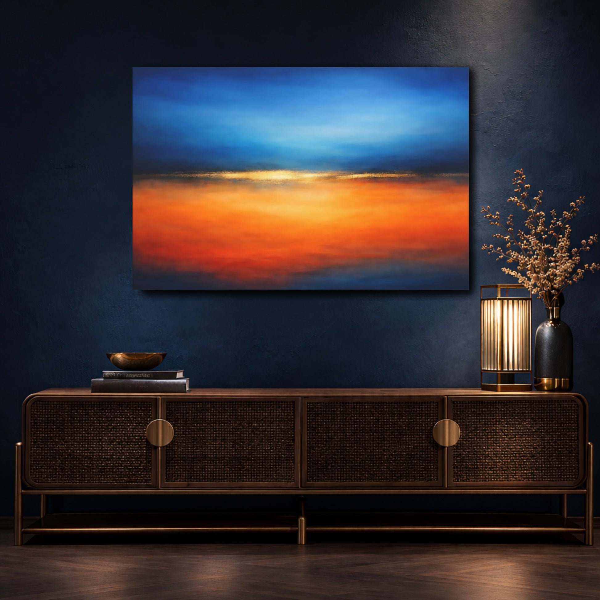 Mockup 4. Abstract Abstract Horizon Blue And Orange shown as stretched canvas wall art