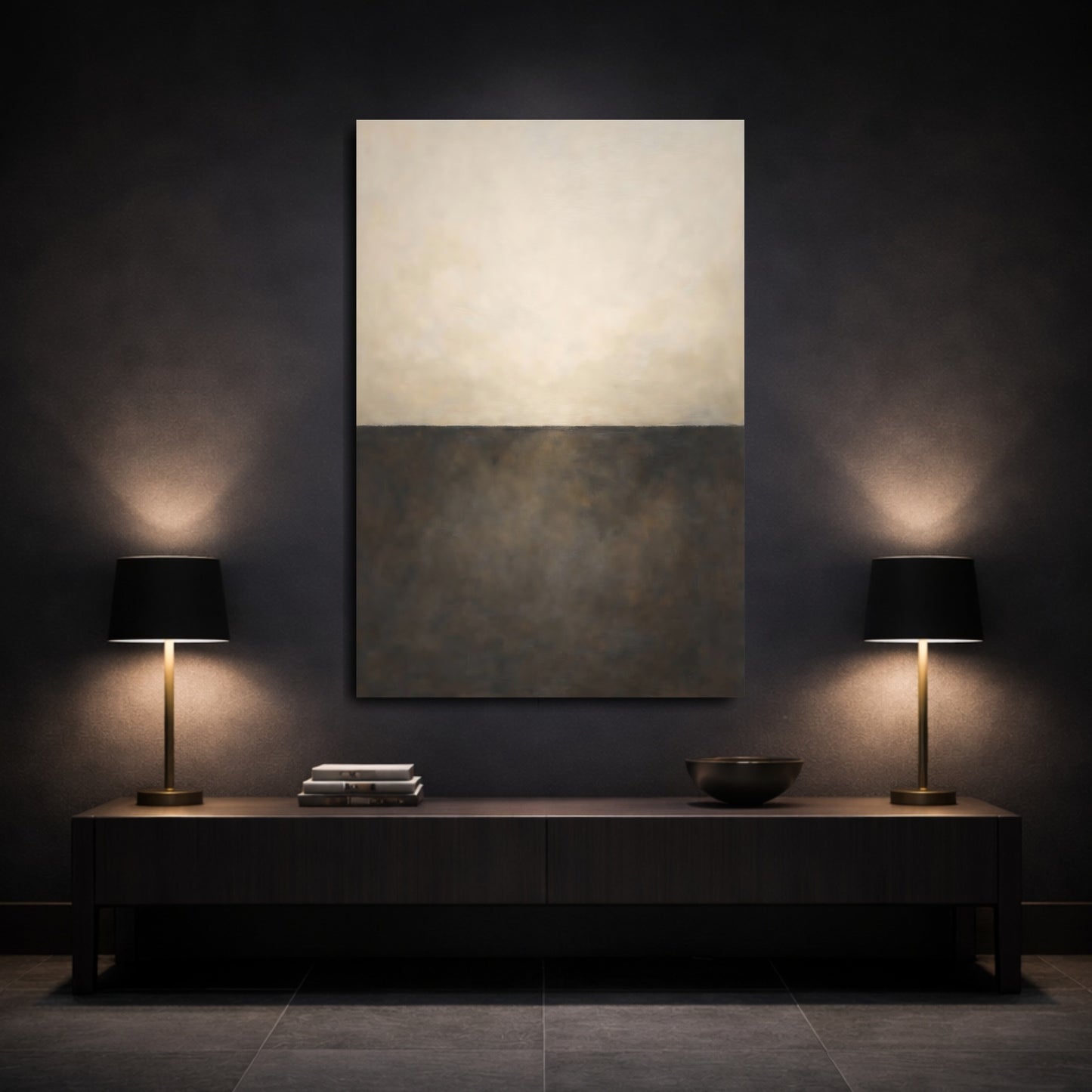 Mockup 2. Abstract Abstract Horizon Brown And Beige shown as stretched canvas wall art