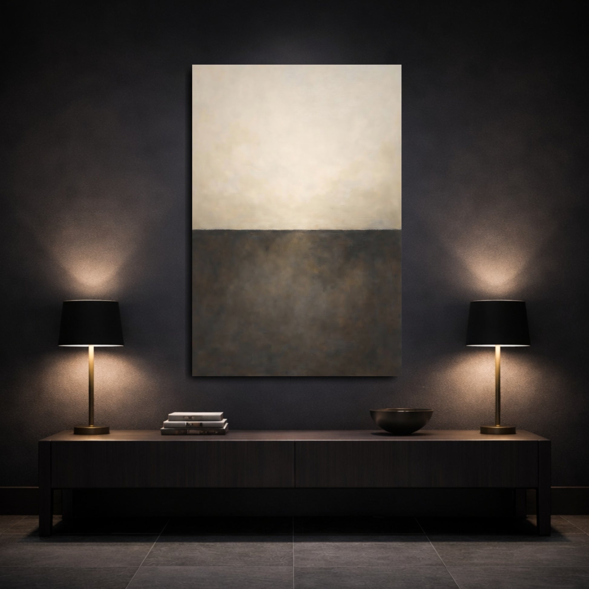 Mockup 2. Abstract Abstract Horizon Brown And Beige shown as stretched canvas wall art