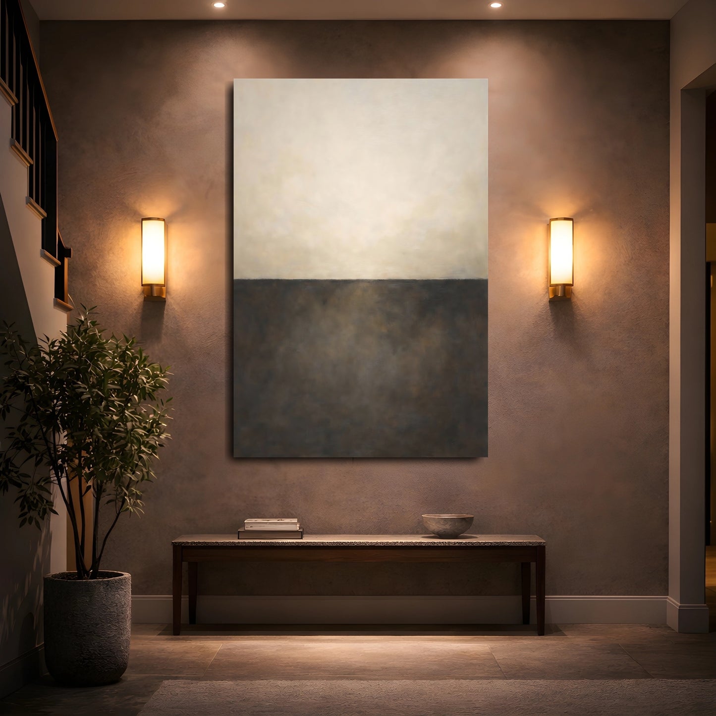 Mockup 4. Abstract Abstract Horizon Brown And Beige shown as stretched canvas wall art