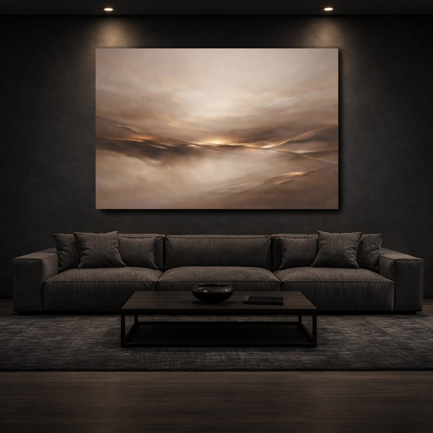 Mockup 2. Abstract Abstract Horizon Brown And Gold shown as stretched canvas wall art