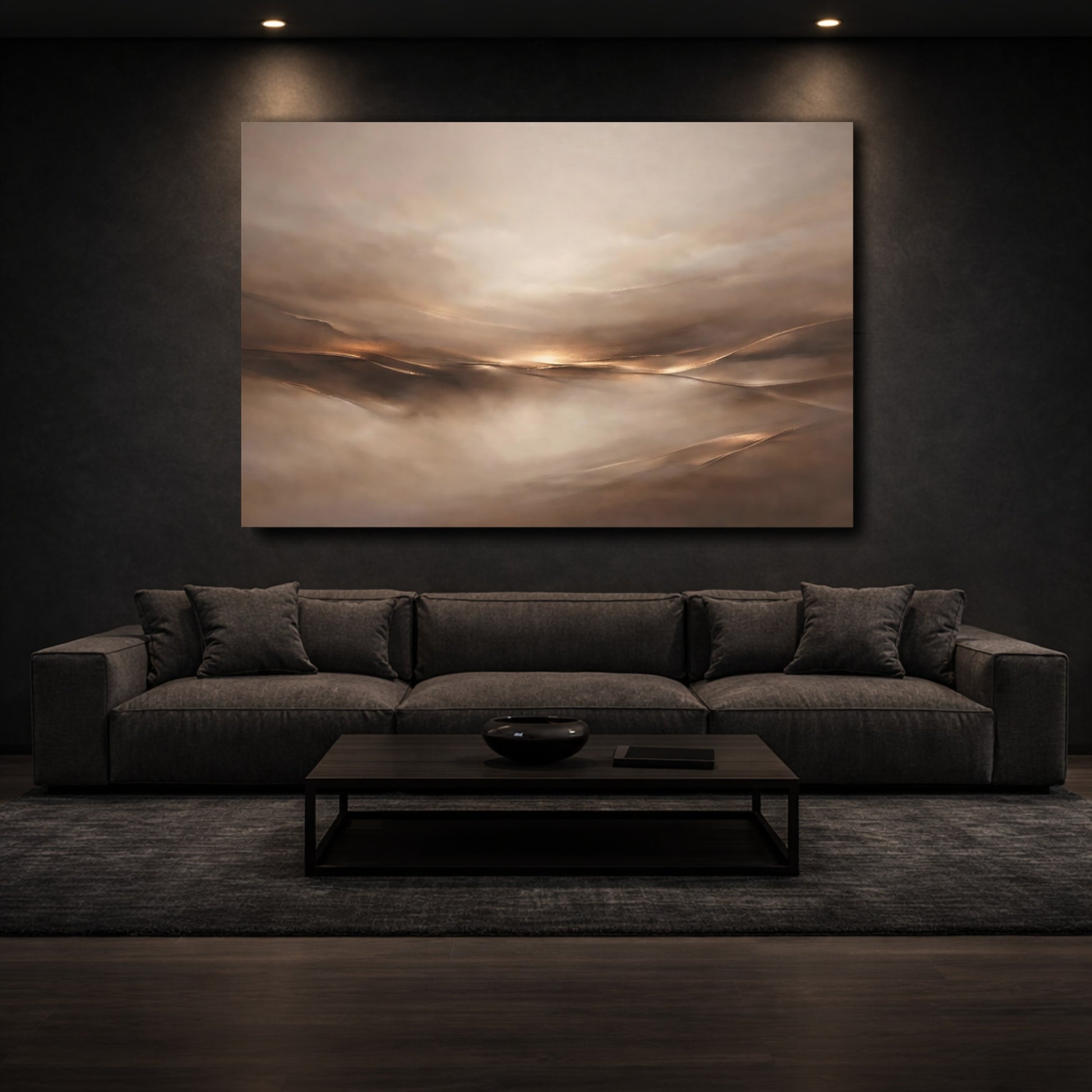 Mockup 2. Abstract Abstract Horizon Brown And Gold shown as stretched canvas wall art