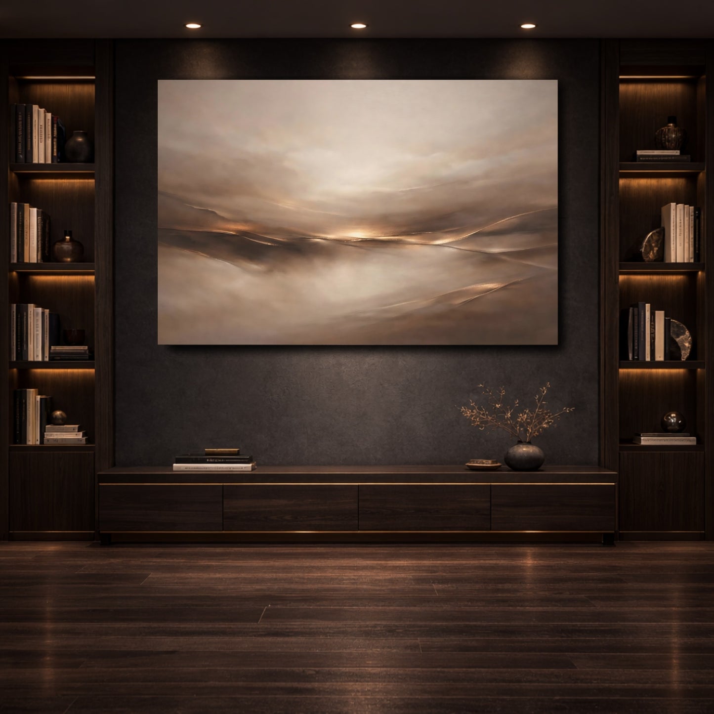 Mockup 3. Abstract Abstract Horizon Brown And Gold shown as stretched canvas wall art