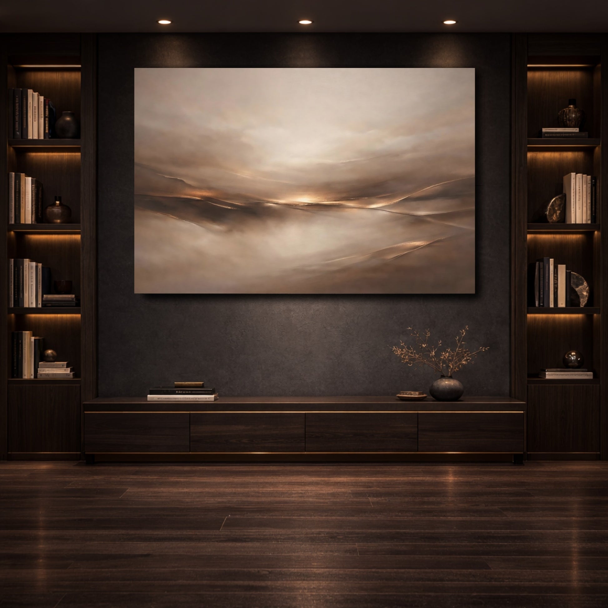 Mockup 3. Abstract Abstract Horizon Brown And Gold shown as stretched canvas wall art