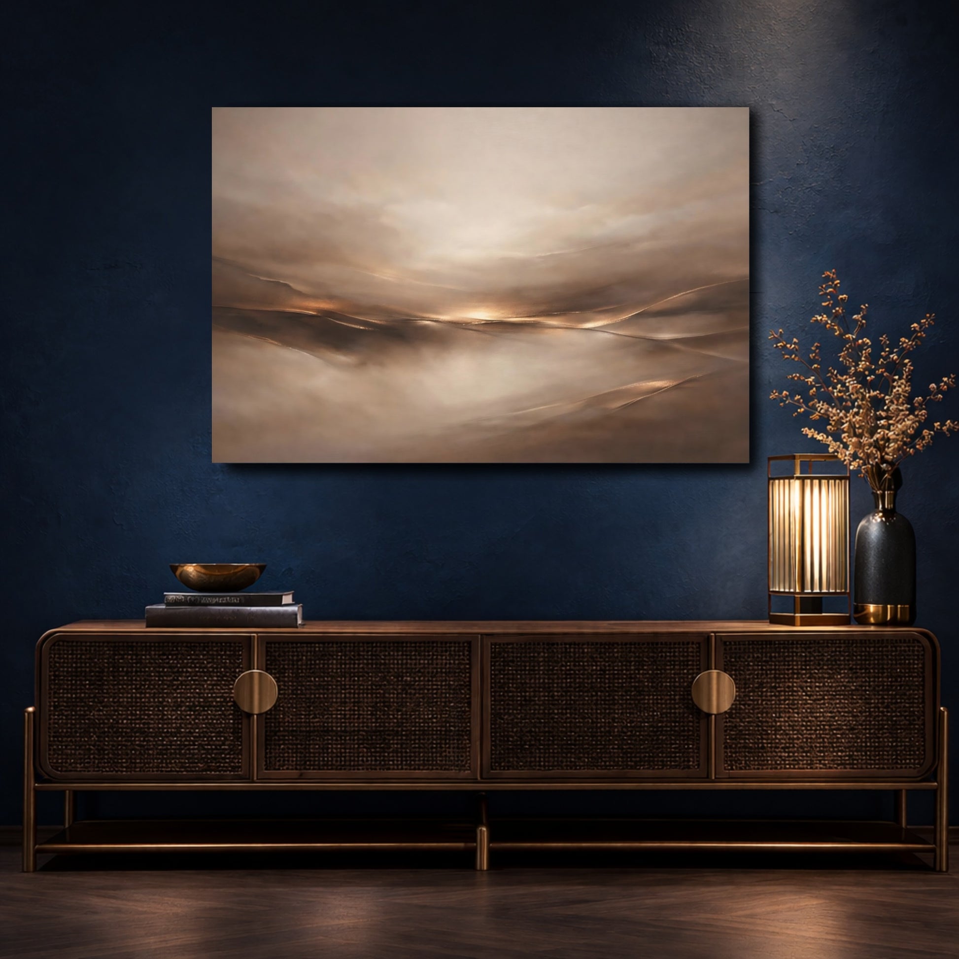 Mockup 4. Abstract Abstract Horizon Brown And Gold shown as stretched canvas wall art