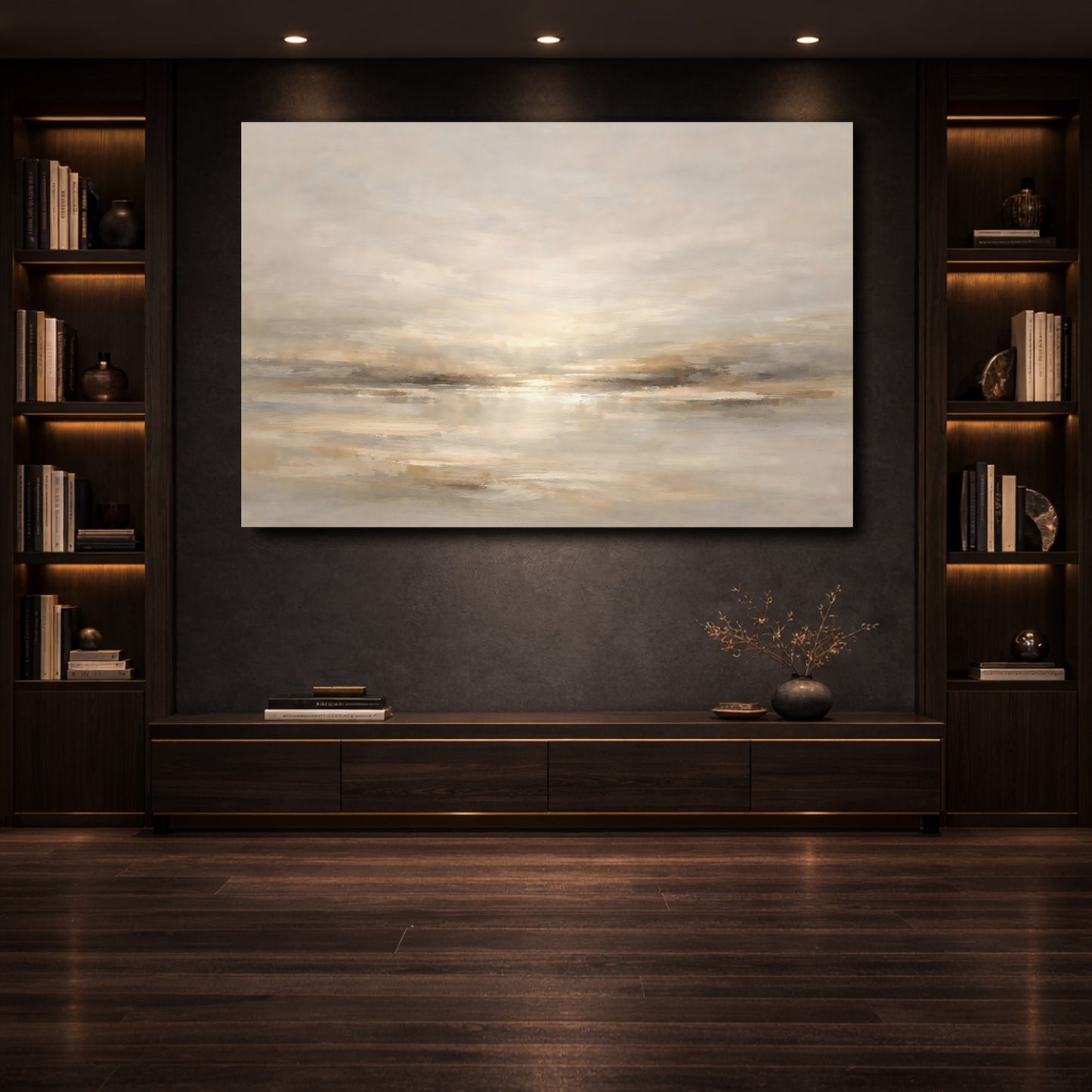 Mockup 3. Abstract Abstract Horizon Neutral Tones shown as stretched canvas wall art