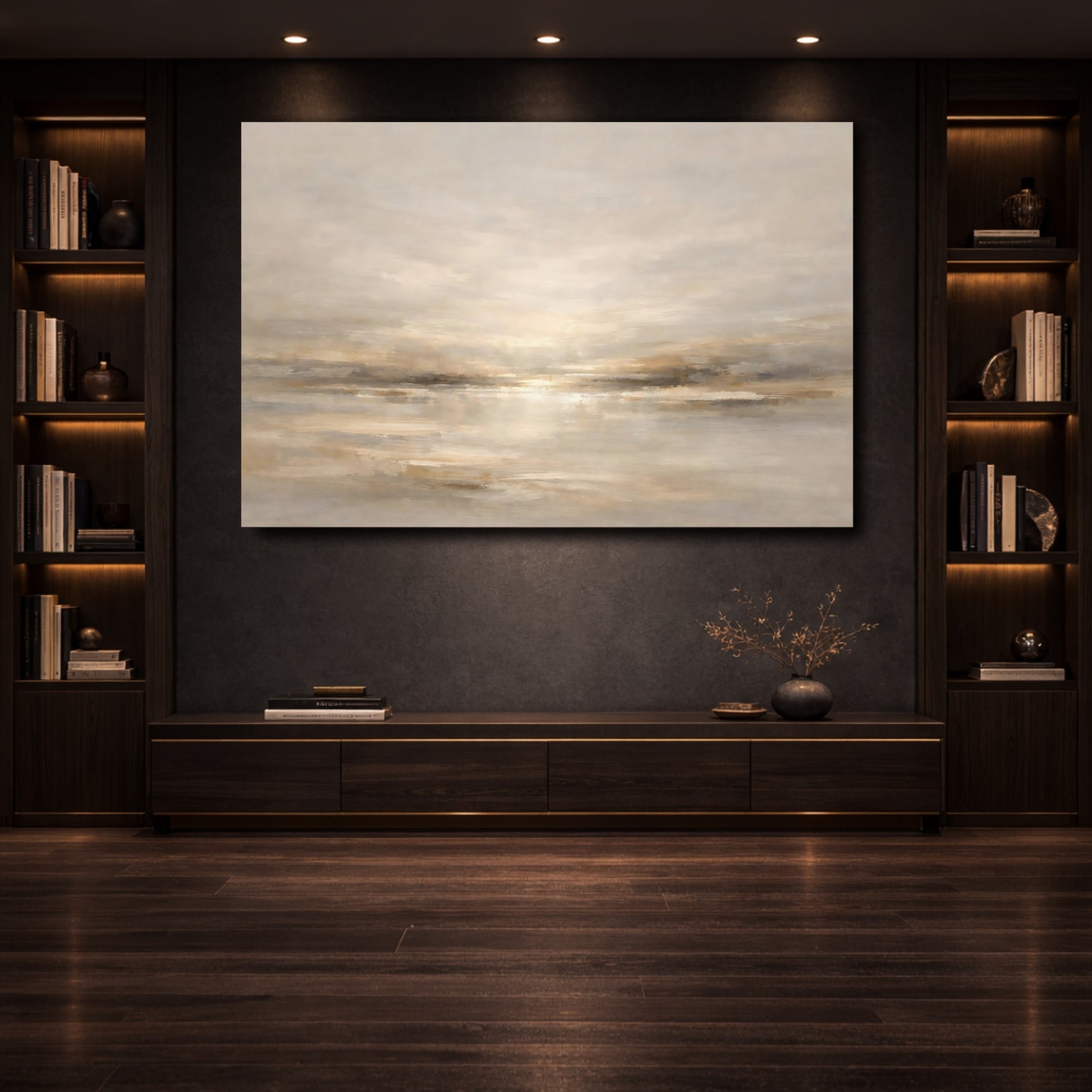 Mockup 3. Abstract Abstract Horizon Neutral Tones shown as stretched canvas wall art
