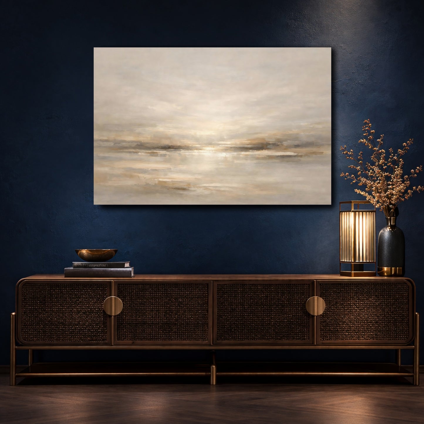 Mockup 4. Abstract Abstract Horizon Neutral Tones shown as stretched canvas wall art